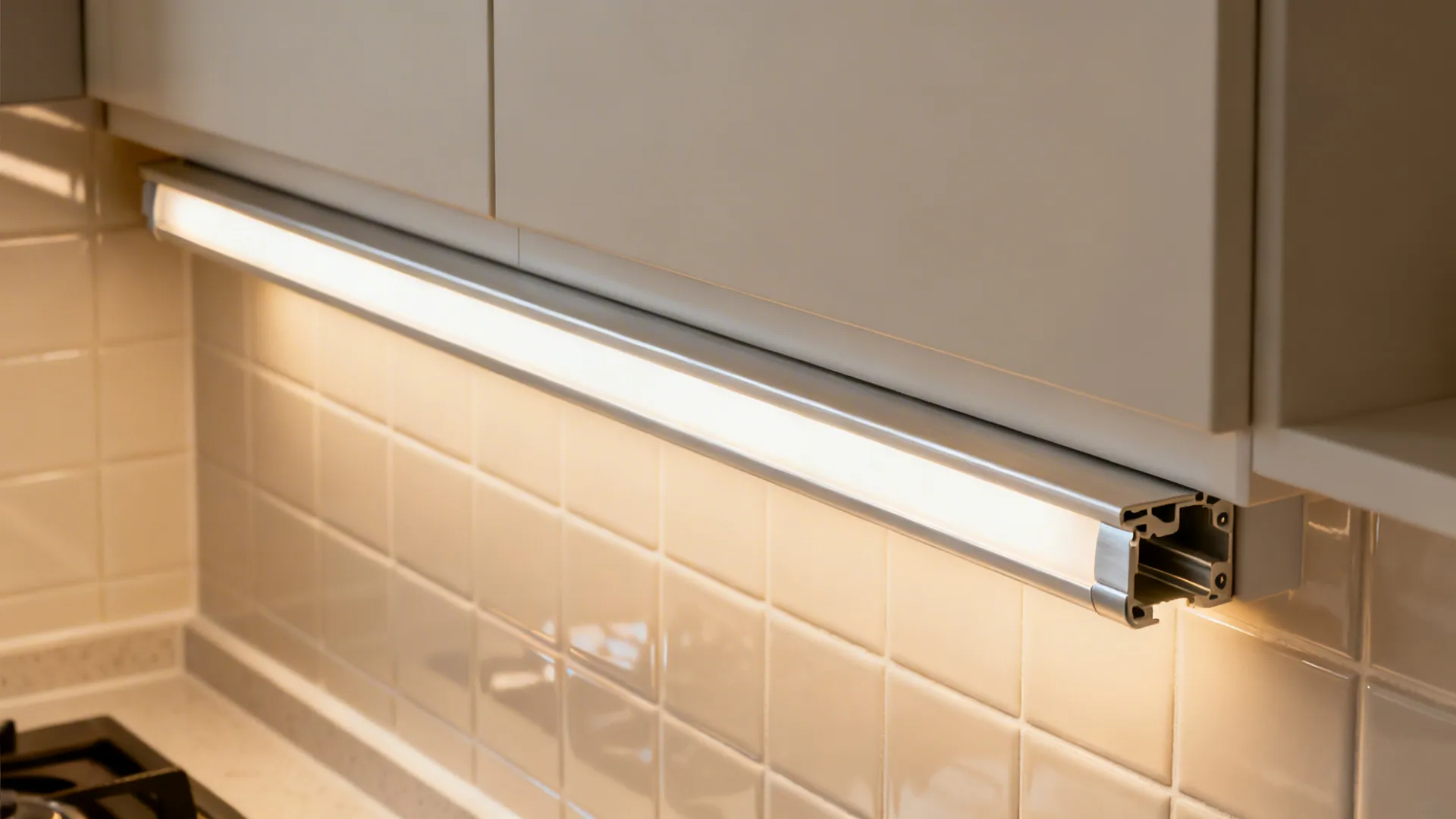 Integrated POP light trough with high-CRI LED and matte diffuser providing even task lighting over the backsplash.