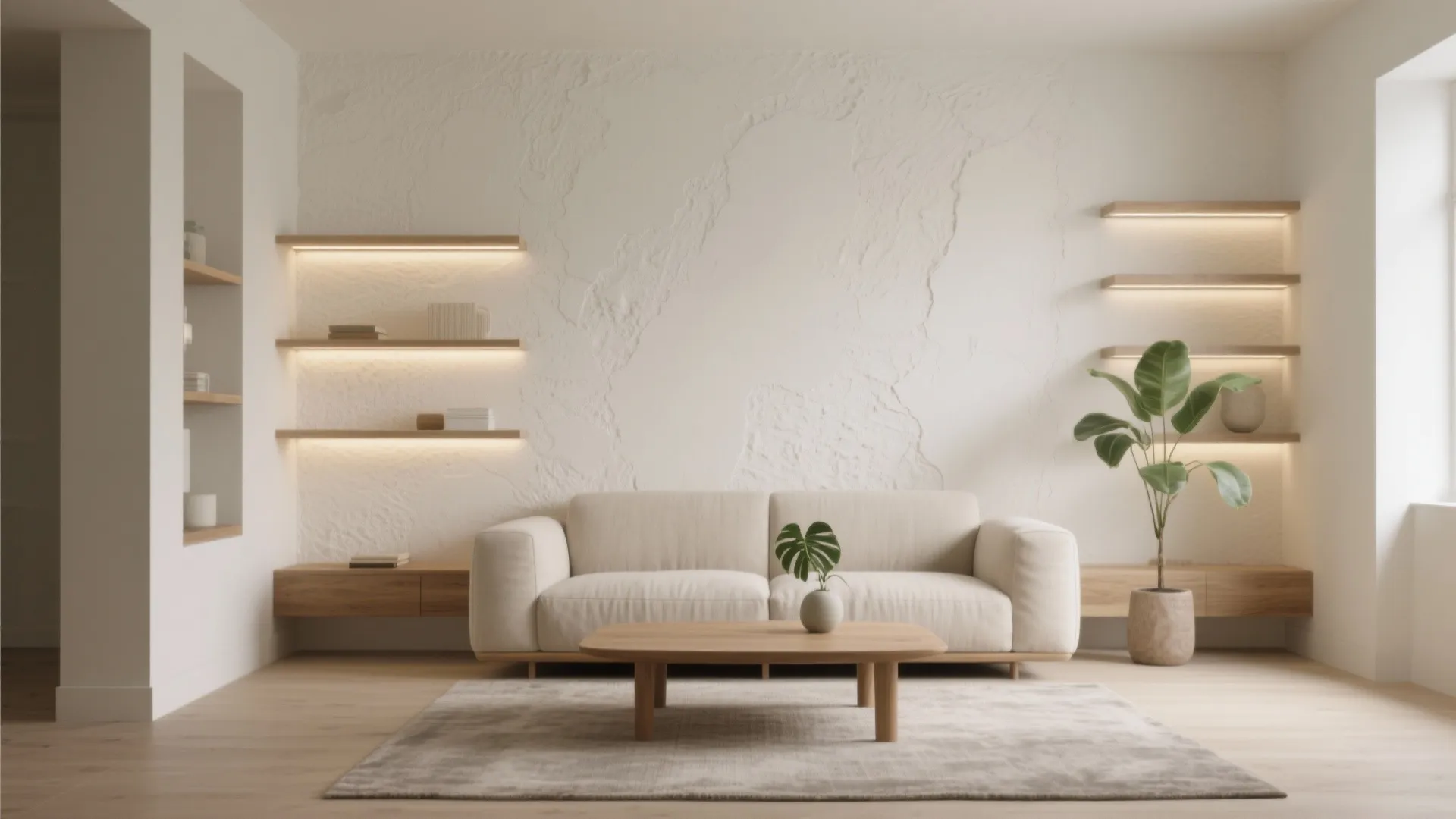 Minimalist living room with beige sofa wooden coffee table wall shelves with lights and plant