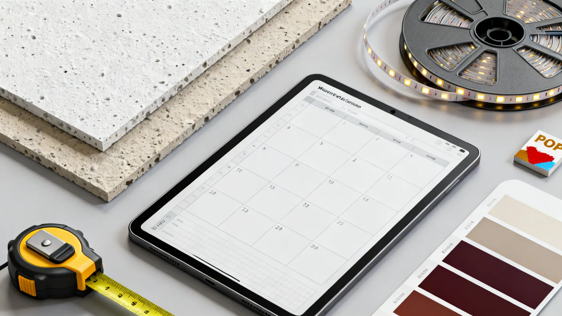 Top-down flatlay of POP ceiling materials: gypsum sample, LED strip, paint swatches and a mock-up piece.