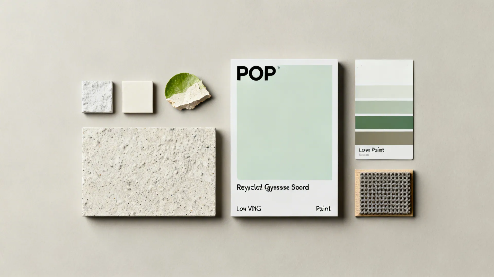 Flatlay of POP and eco-friendly plaster material samples with paint chips.