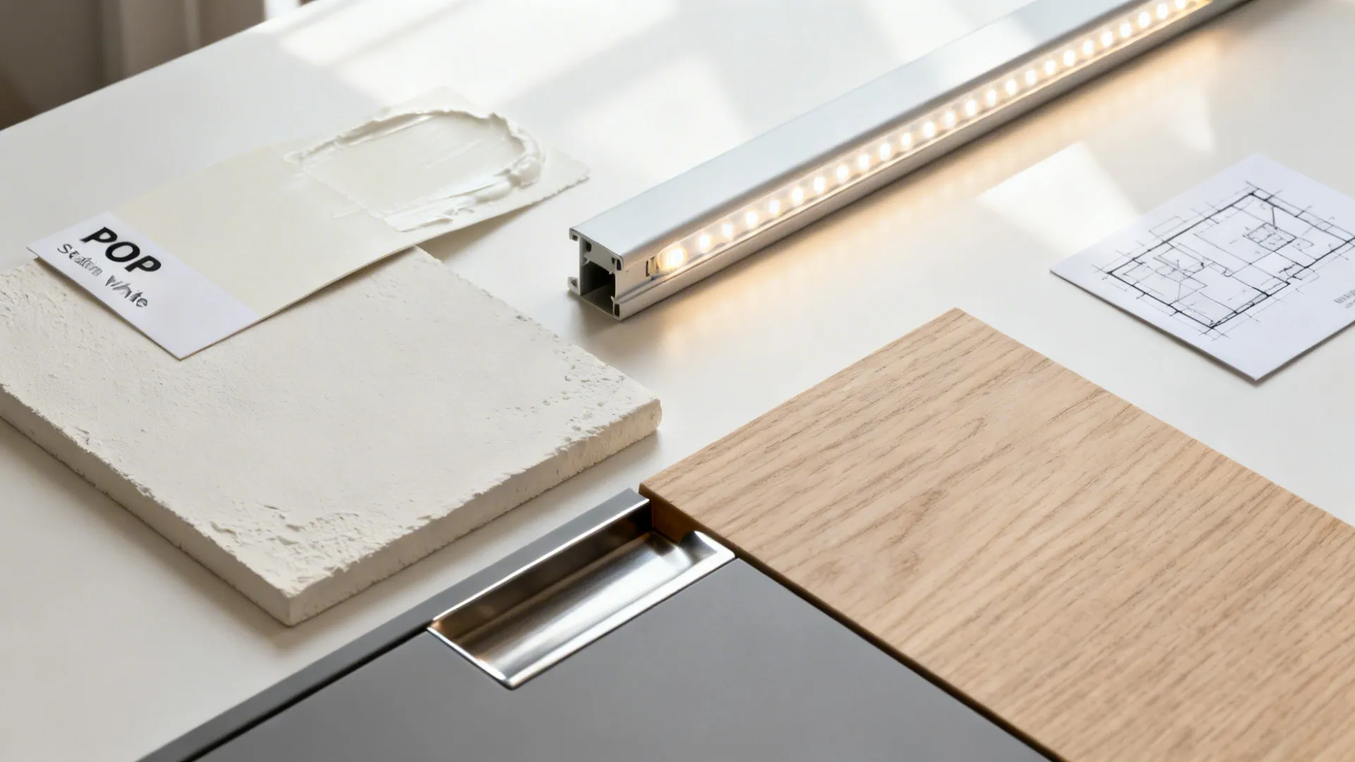 Interior design materials including wood sample grey cabinet door floor plan and a white stone piece