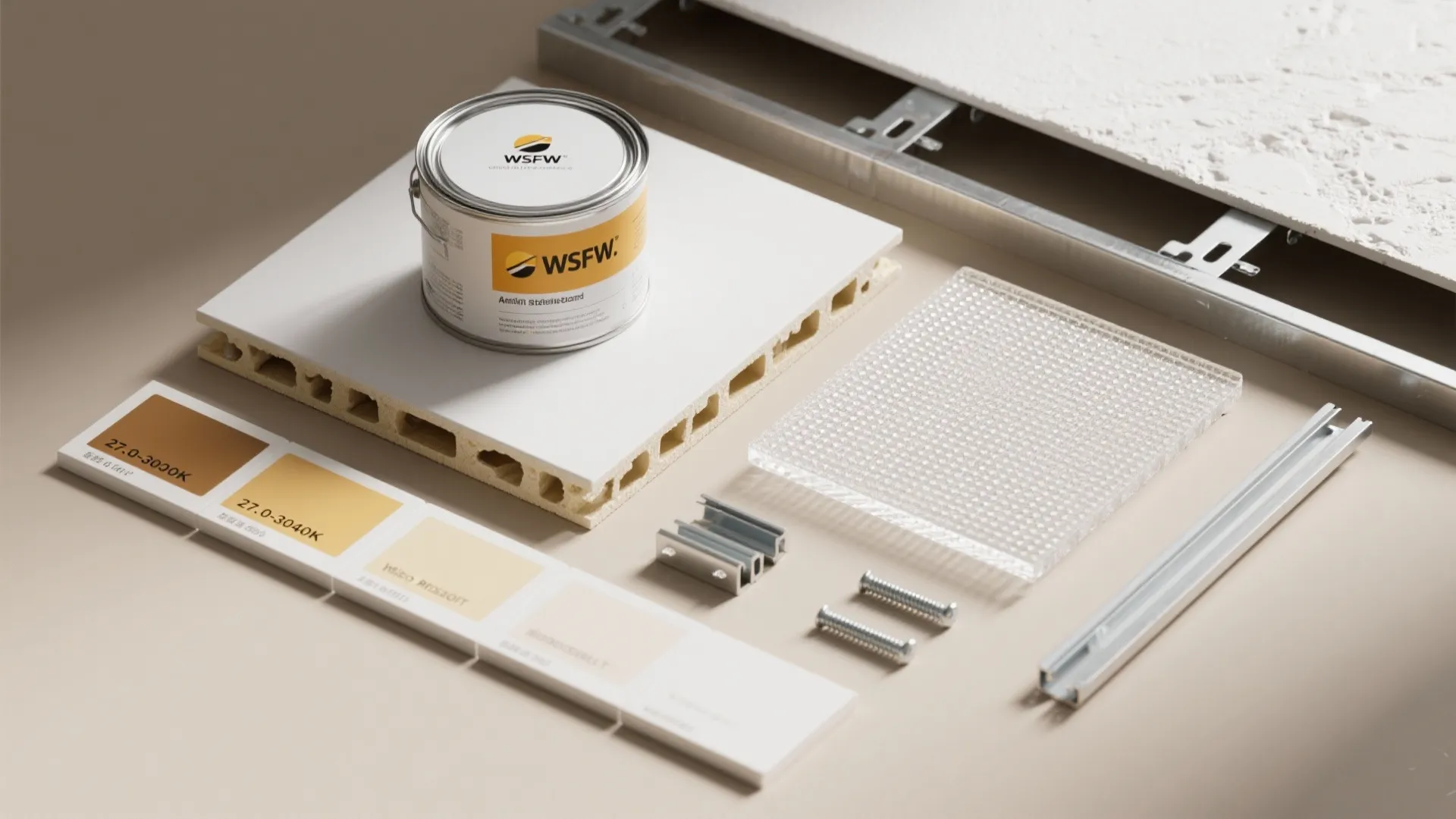 Interior design materials including white paint can color samples glass tile screws and metal wall panels