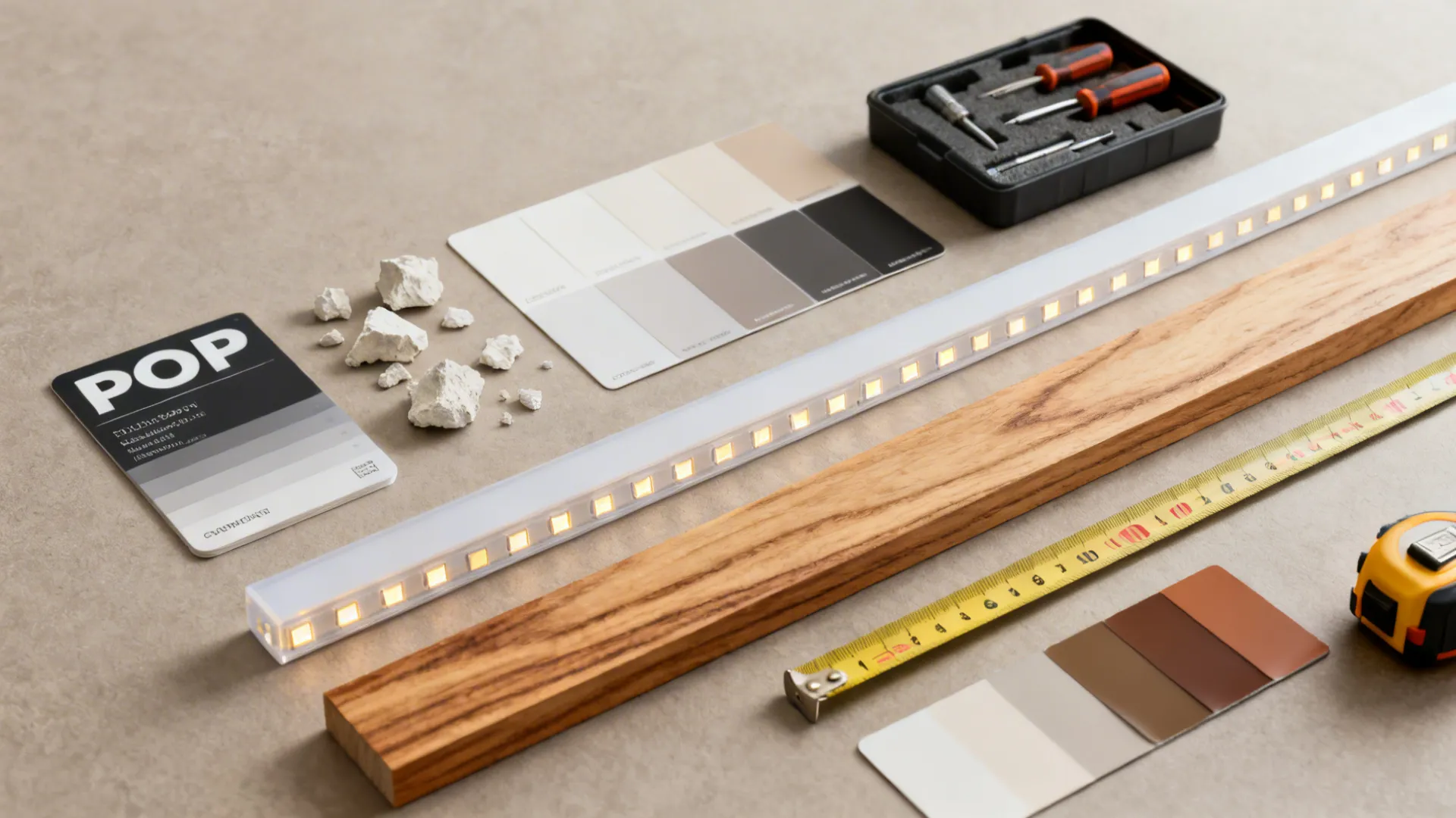 Flatlay of POP material samples, LED diffuser, wood veneer and paint chips