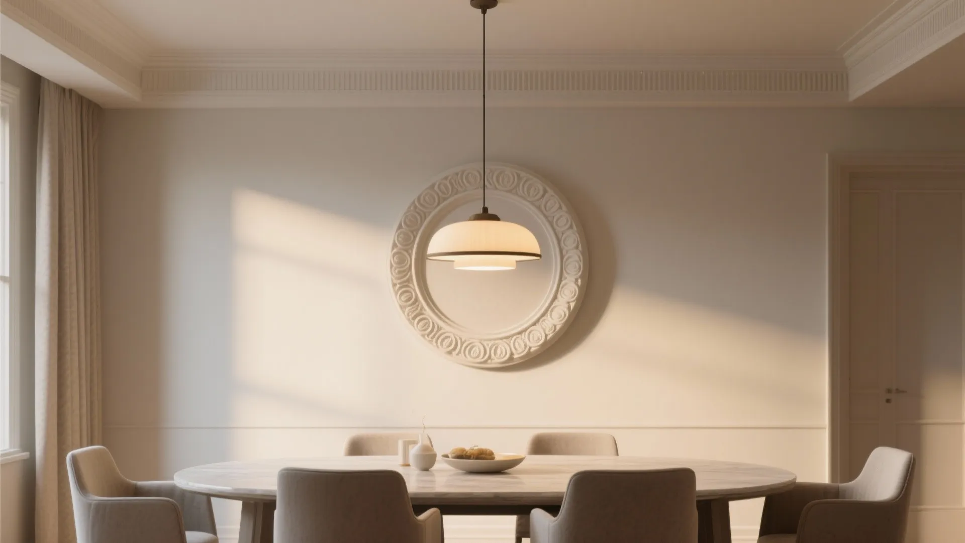 Dining area featuring marble table beige chairs white wall light fixture and circular decorative wall panel