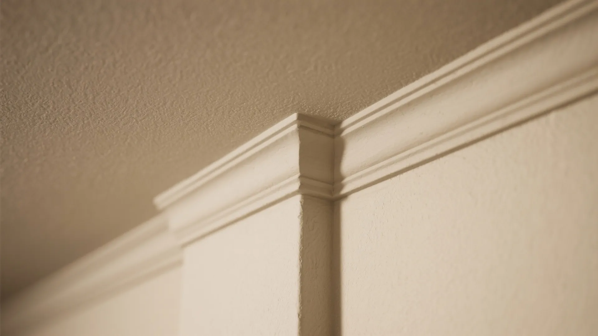 Close up view of white wall panel design installed along the ceiling edge and corner