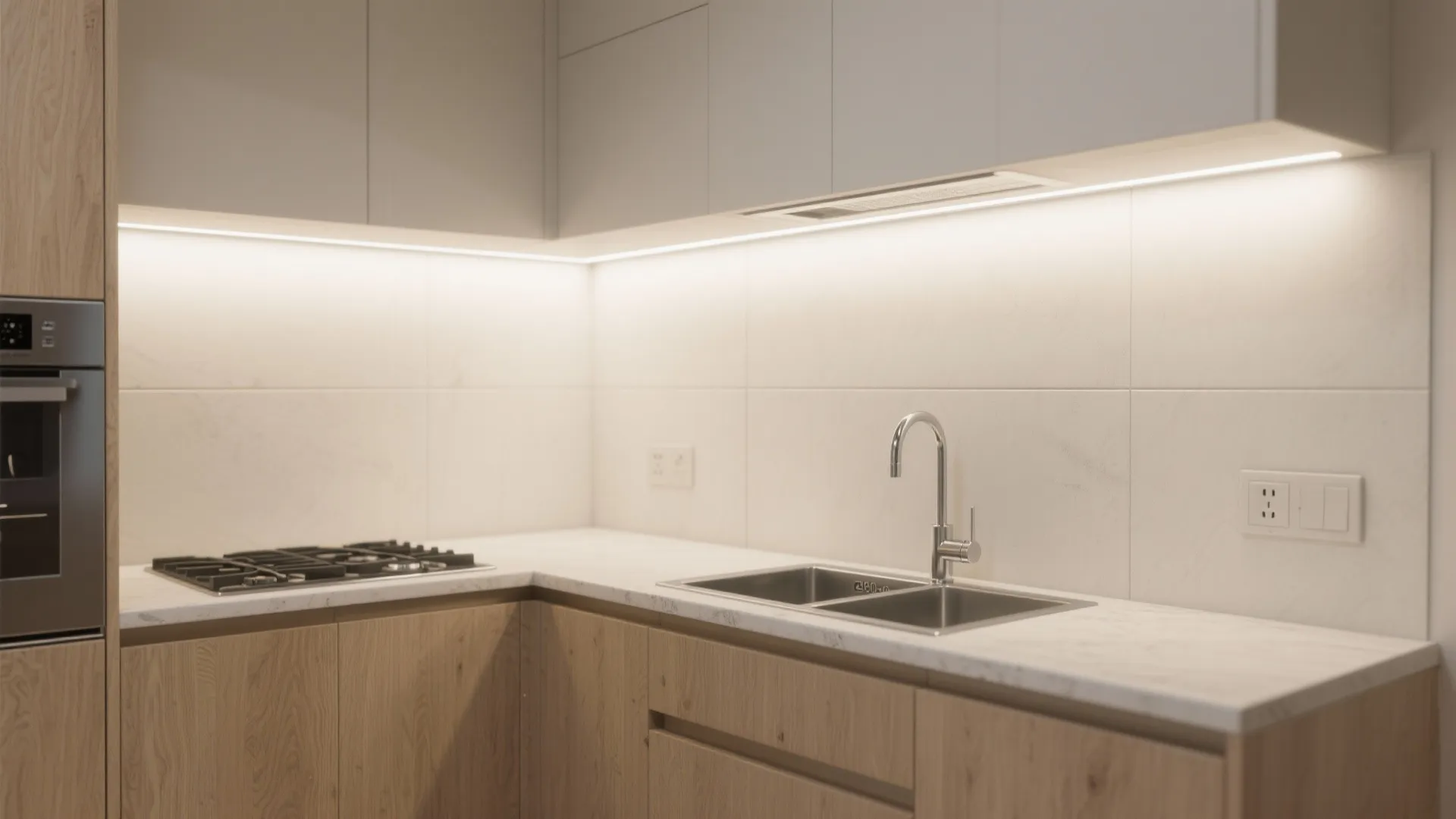Modern kitchen corner with wooden cabinets white countertop stainless steel sink and under cabinet lighting
