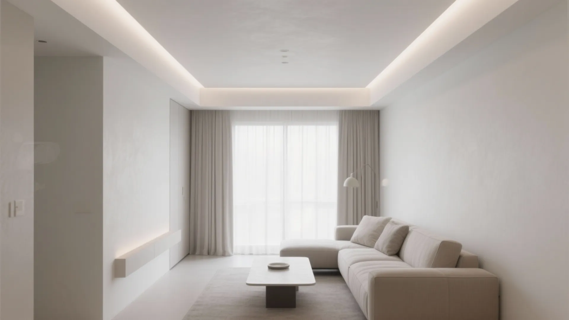Minimalist white living room with cream l-shaped sofa marble coffee table and soft hidden ceiling lighting