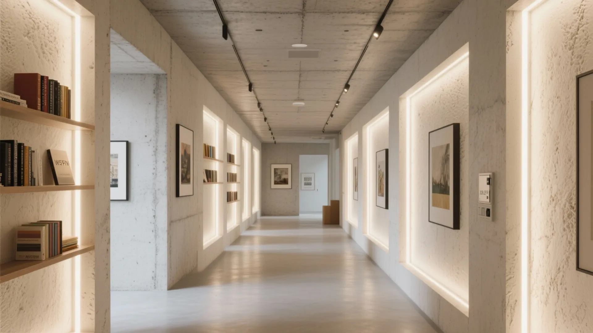 Modern hallway with concrete walls glowing wall niches for books and pictures plus small track lights