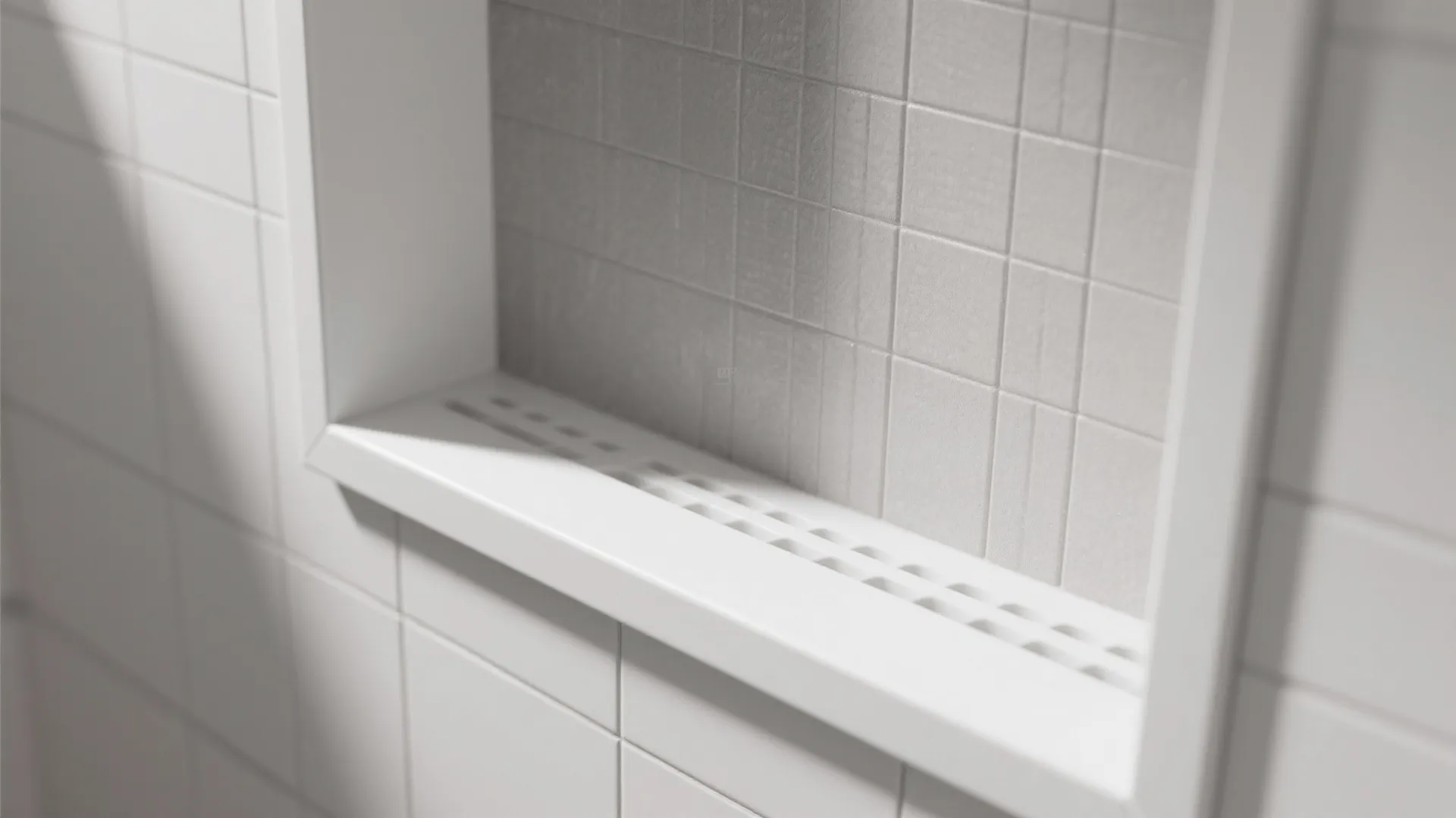 Close up view of a white wall shelf built into bathroom tiles with small drainage