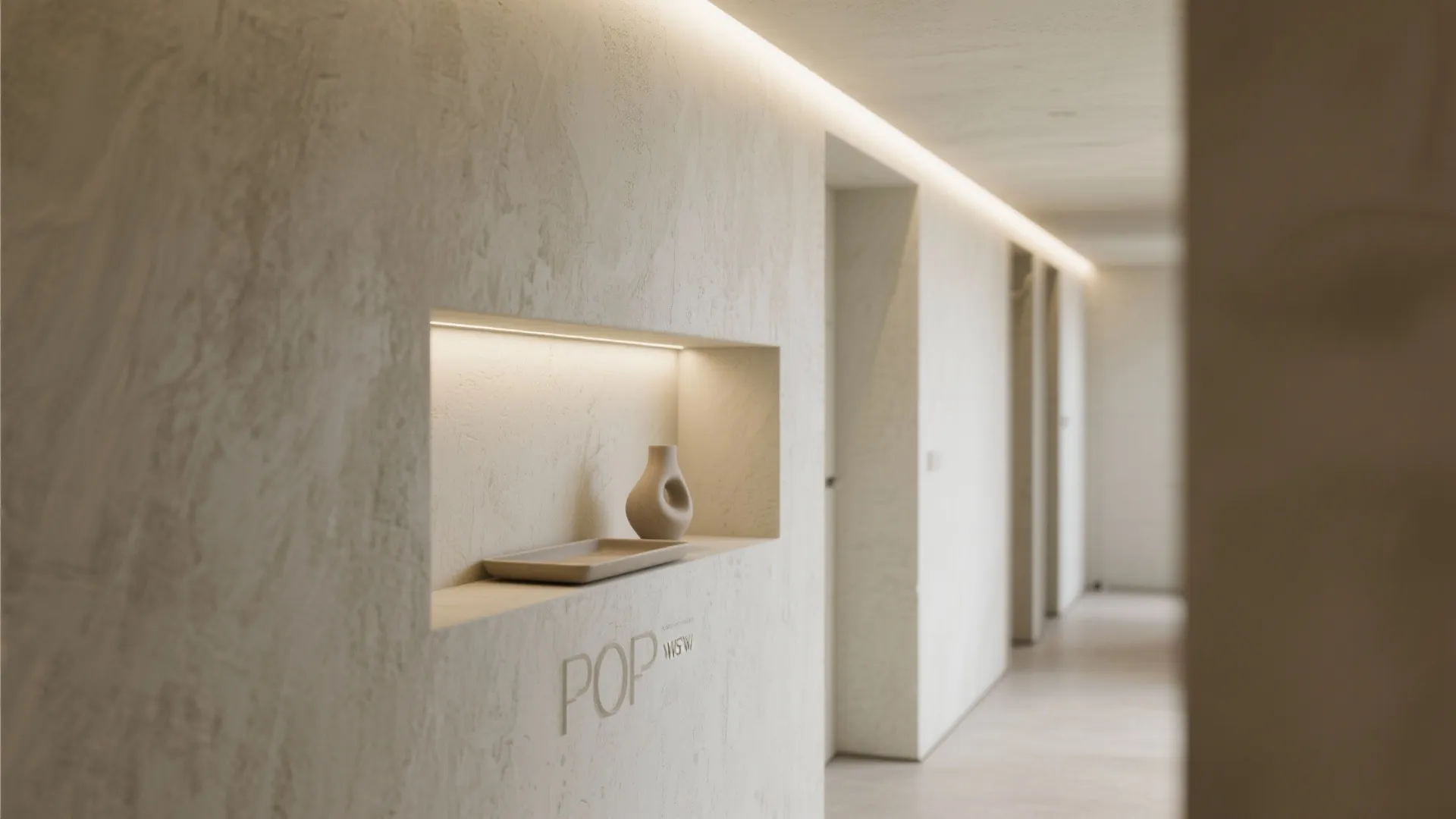 Minimalist hallway with recessed wall shelf holding a vase under a warm hidden light fixture