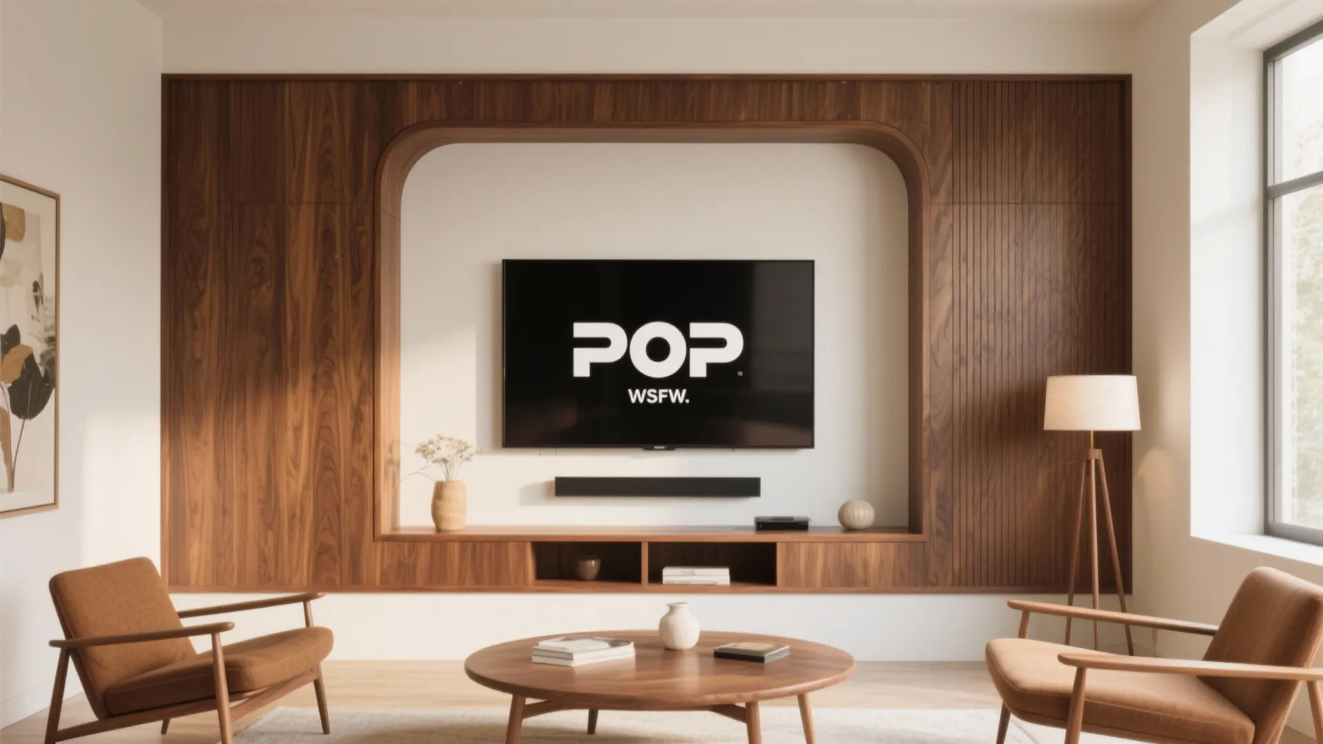 Modern living room with wooden wall cabinet holding television coffee table and brown seating area