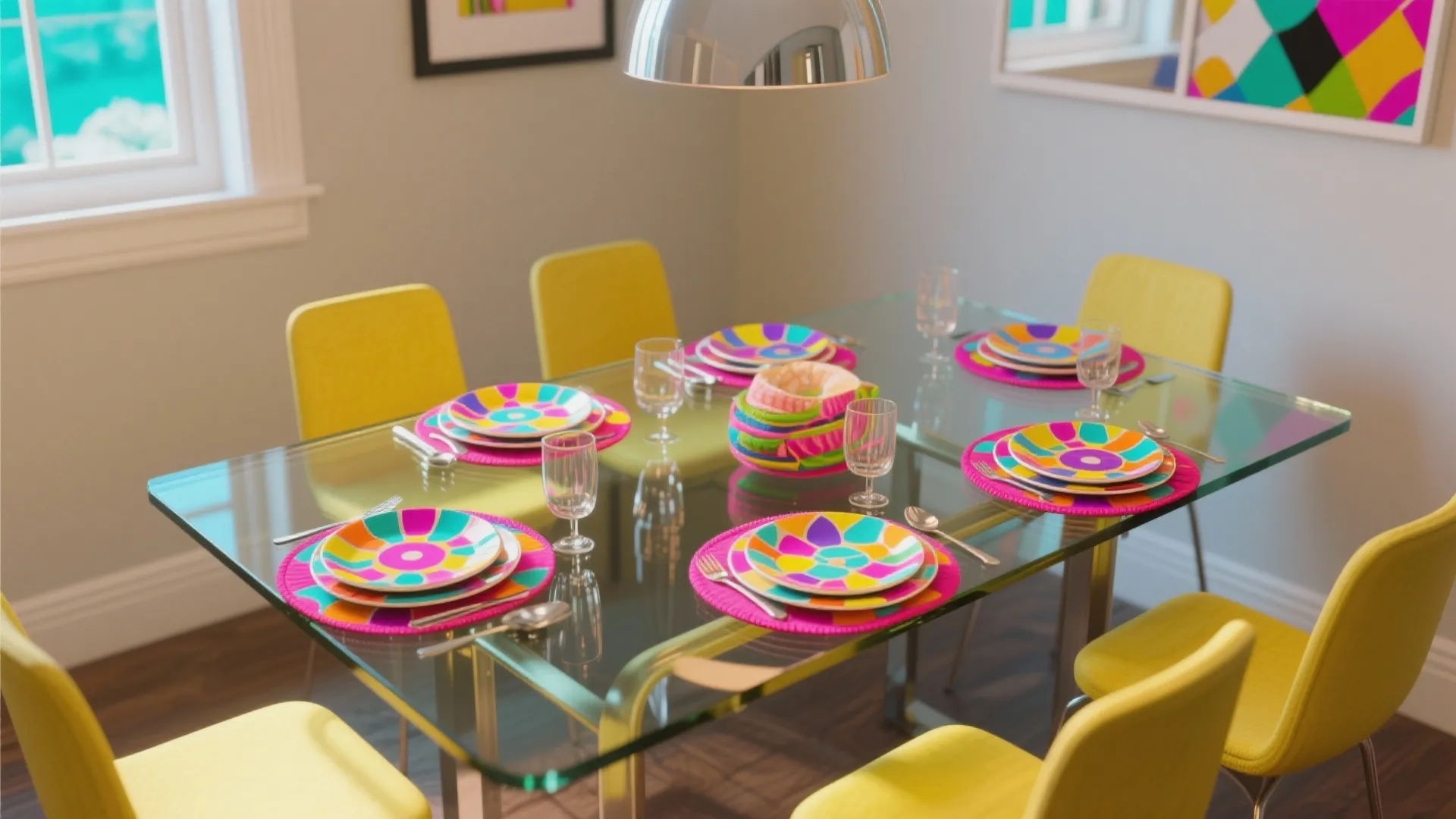 Colorful dining room with yellow chairs glass table bright patterned plates and modern ceiling light