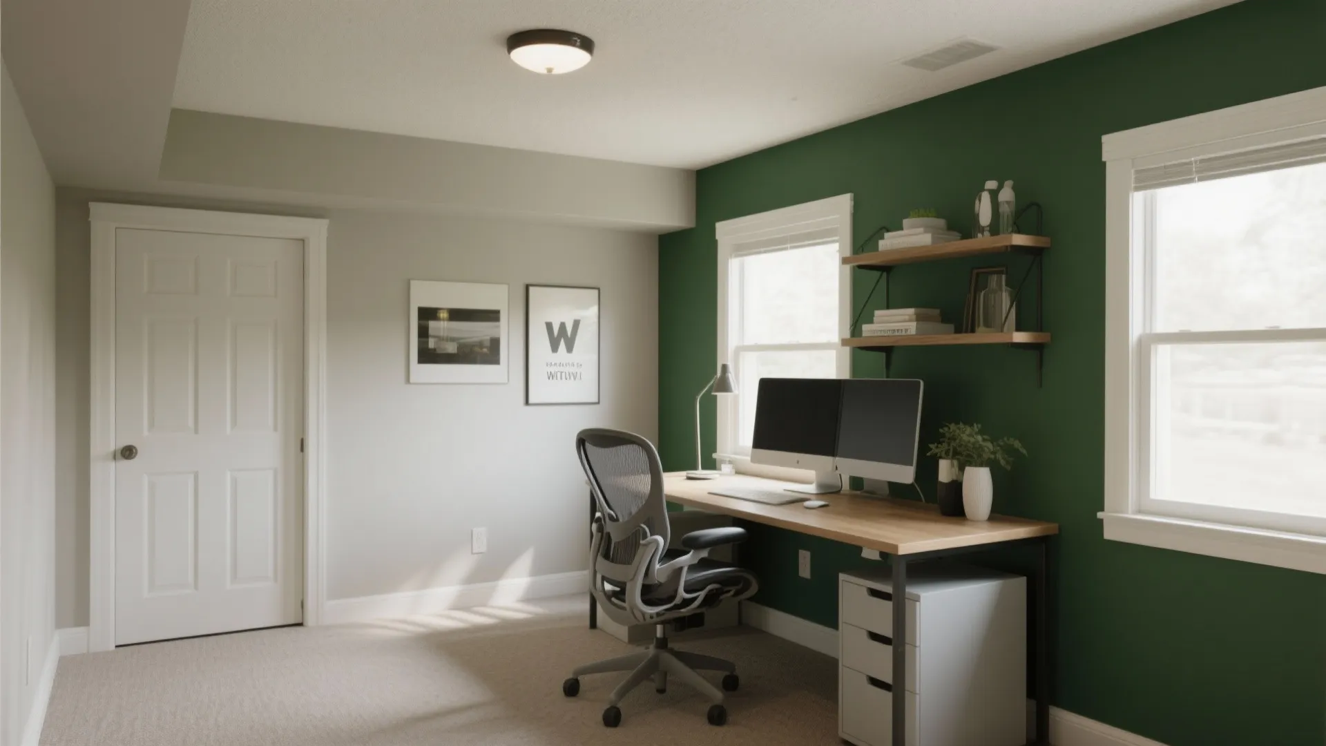 Home office featuring a dark green wall, wooden desk with computer, grey chair, and windows