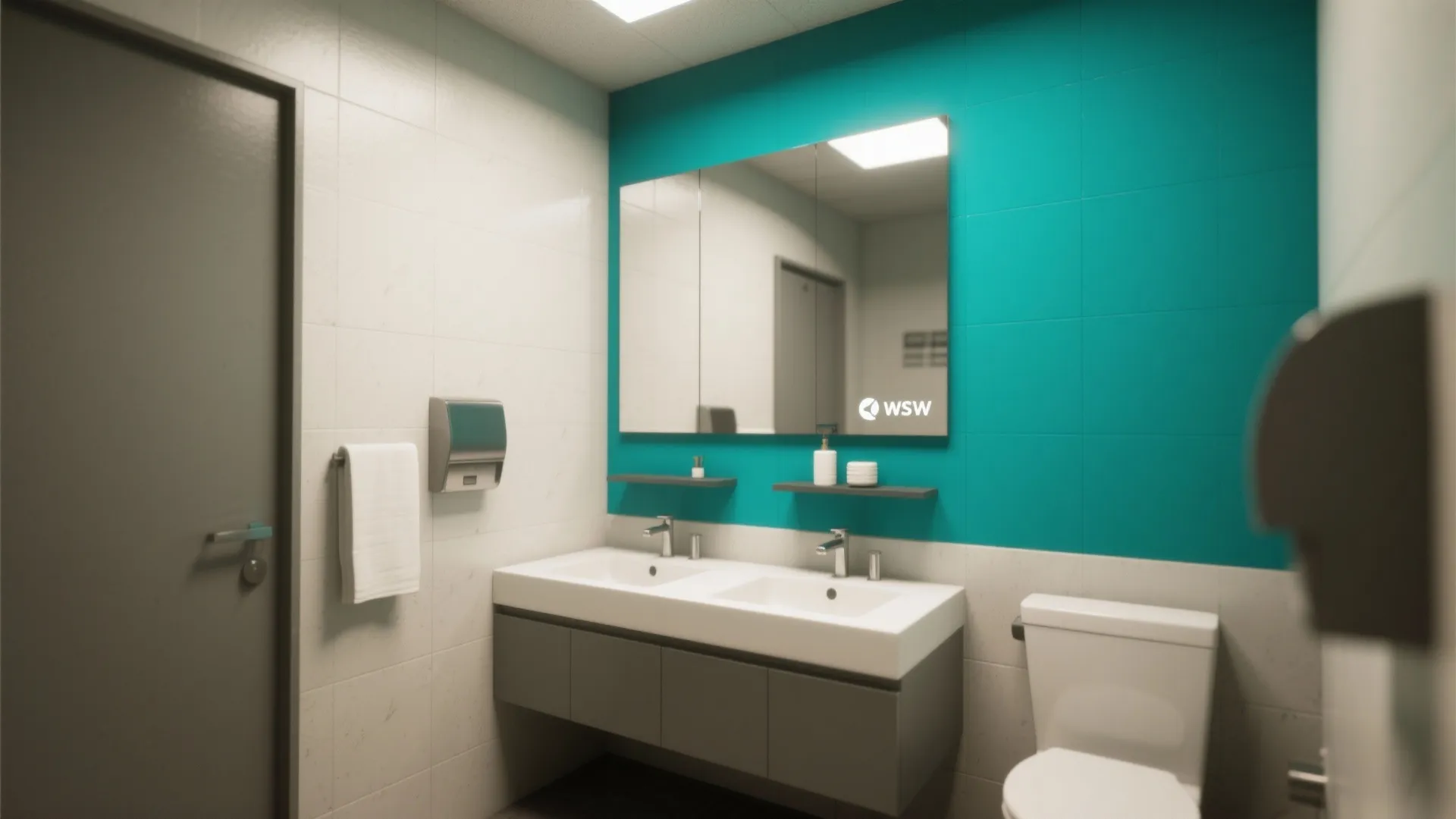 Modern bathroom with teal wall tiles and a double sink vanity with a large mirror