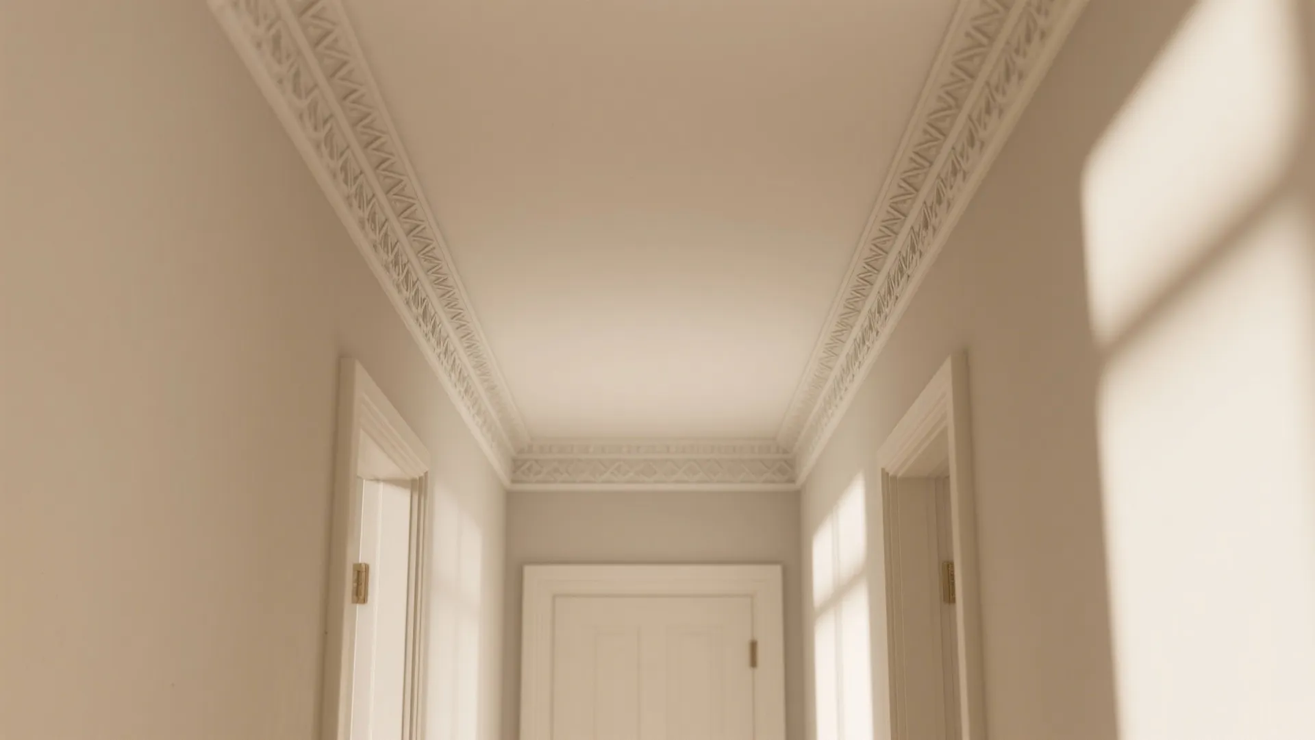 Bright hallway showing decorative wall panel borders white doors and natural sunlight from side windows
