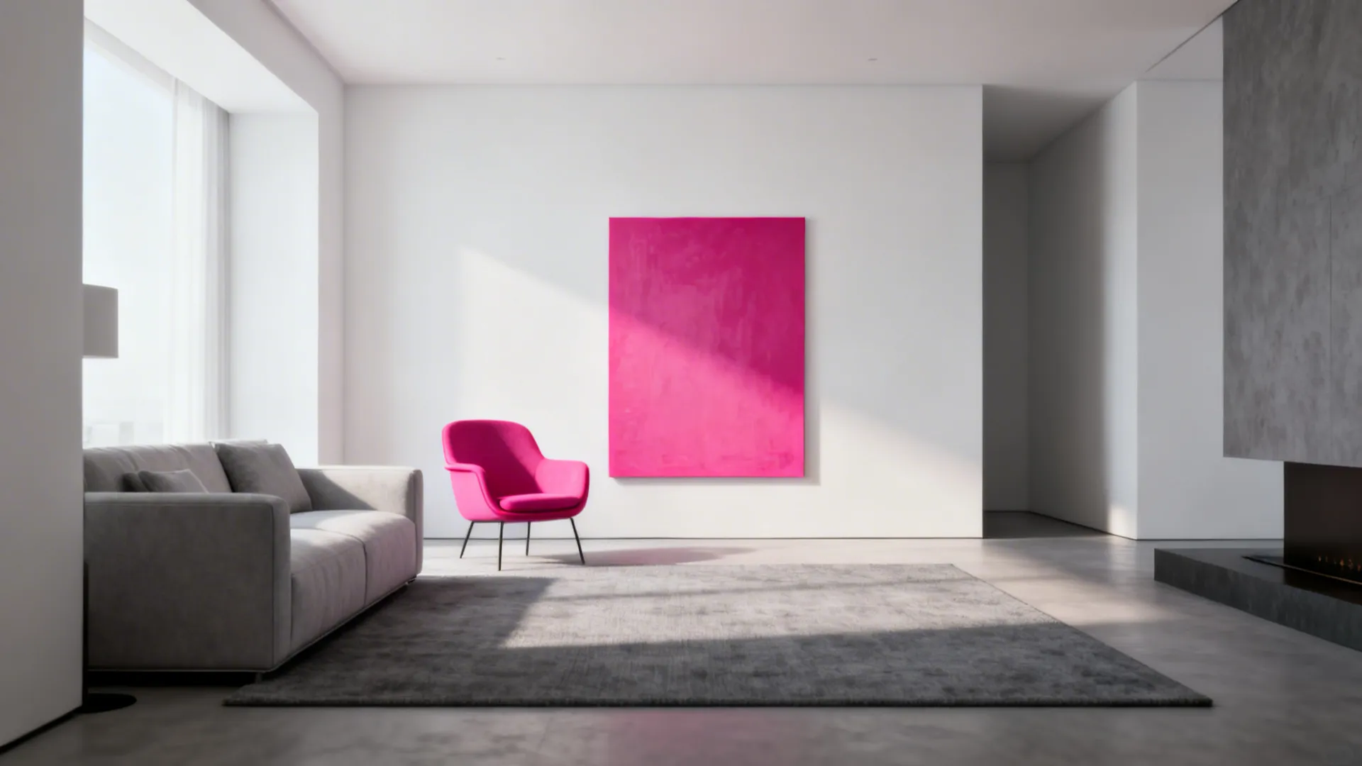 Monochrome grey and white living room with a vivid pink accent chair