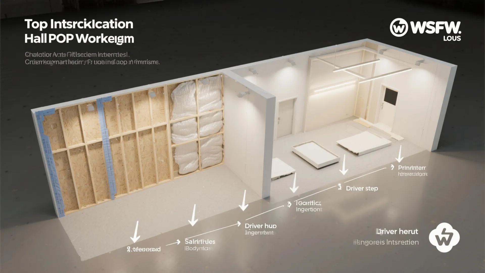 Interior design drawing showing room layout steps with wooden frame, insulation, and white wall panels