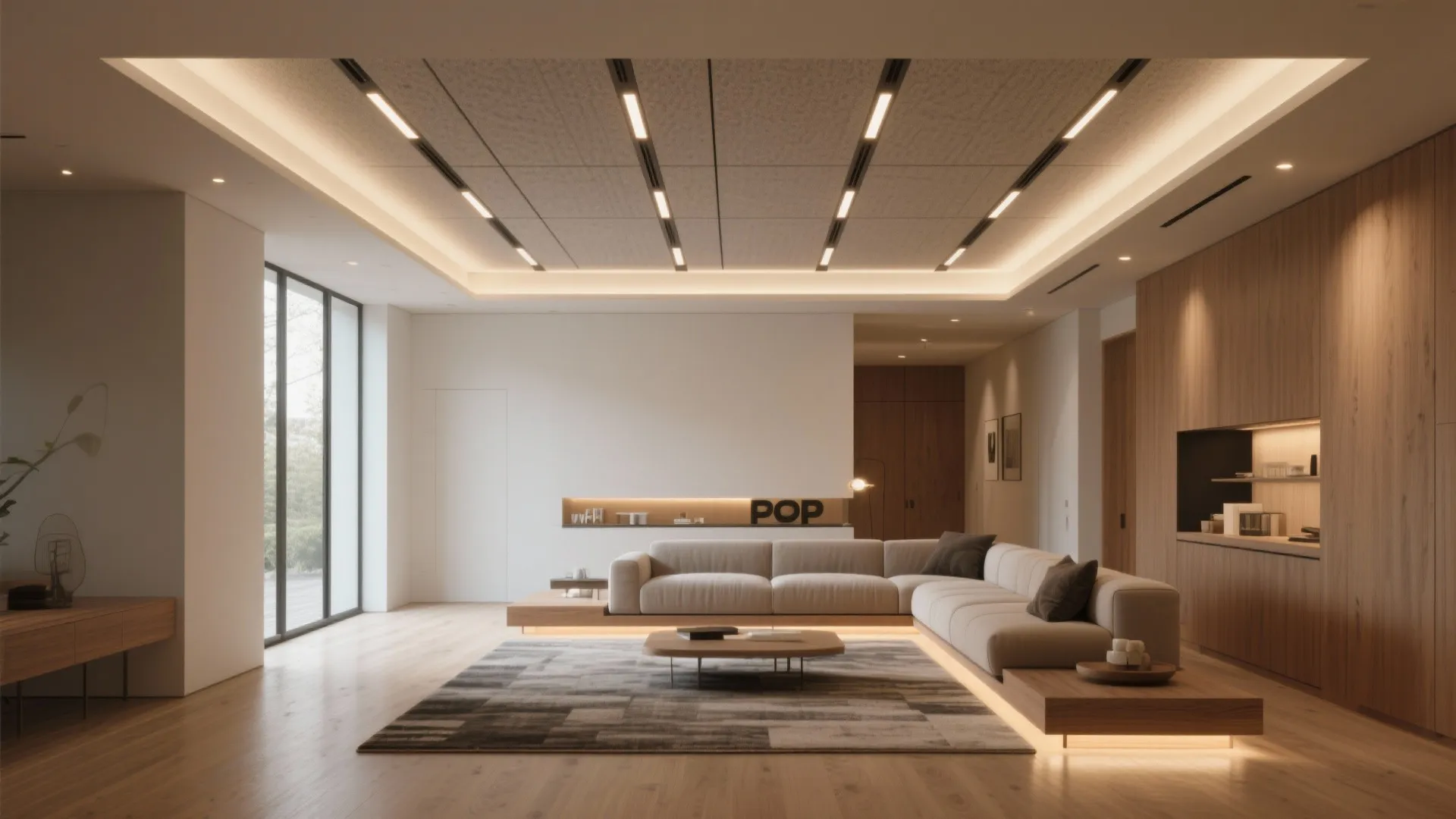 Modern living room featuring large grey sofa wooden wall panels rug and bright white ceiling light