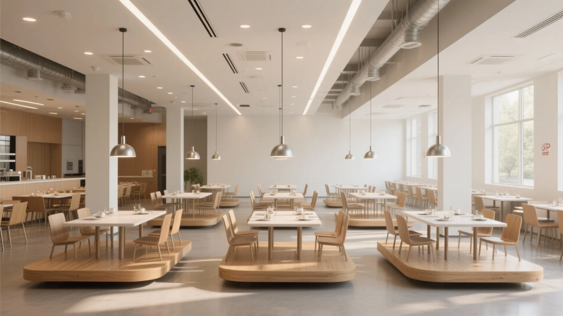 Spacious dining area with wooden platform seating white tables silver ceiling lights and clean white walls