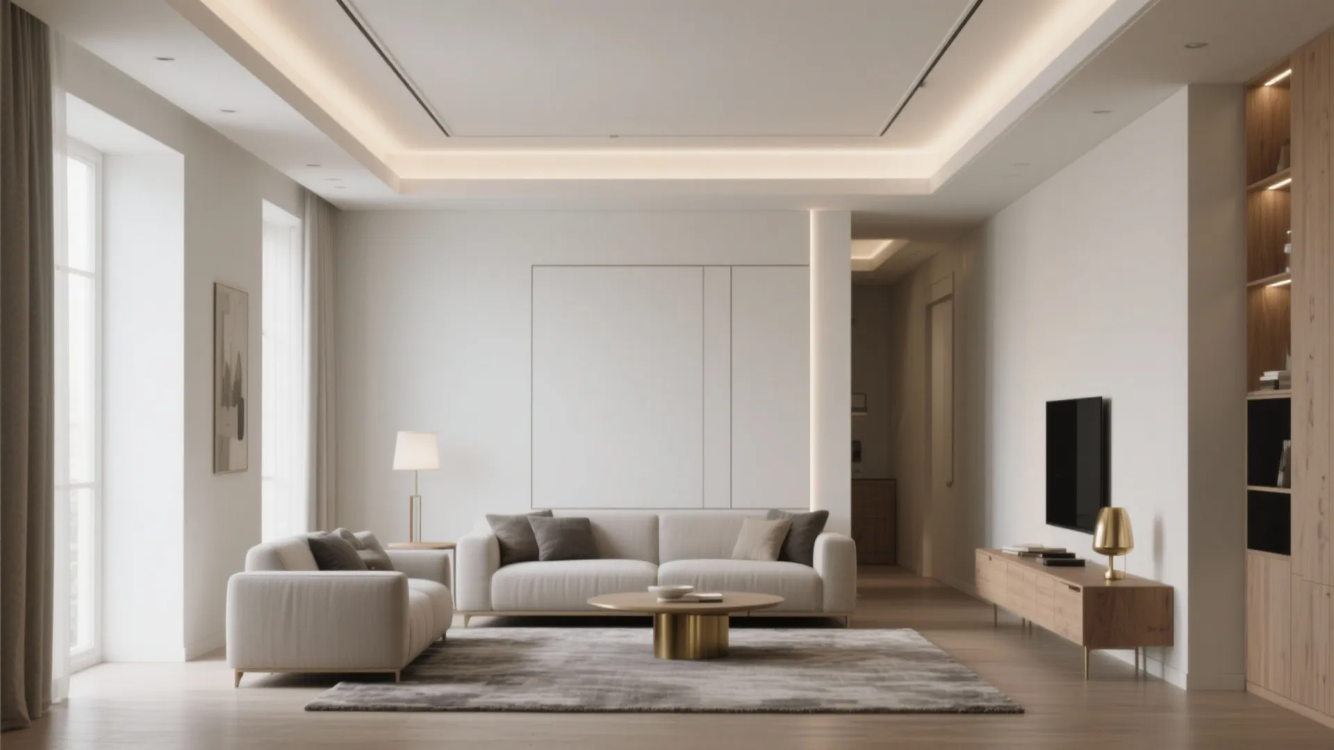 Bright living room with white sofa, grey rug, wooden cabinet, television, windows and ceiling light