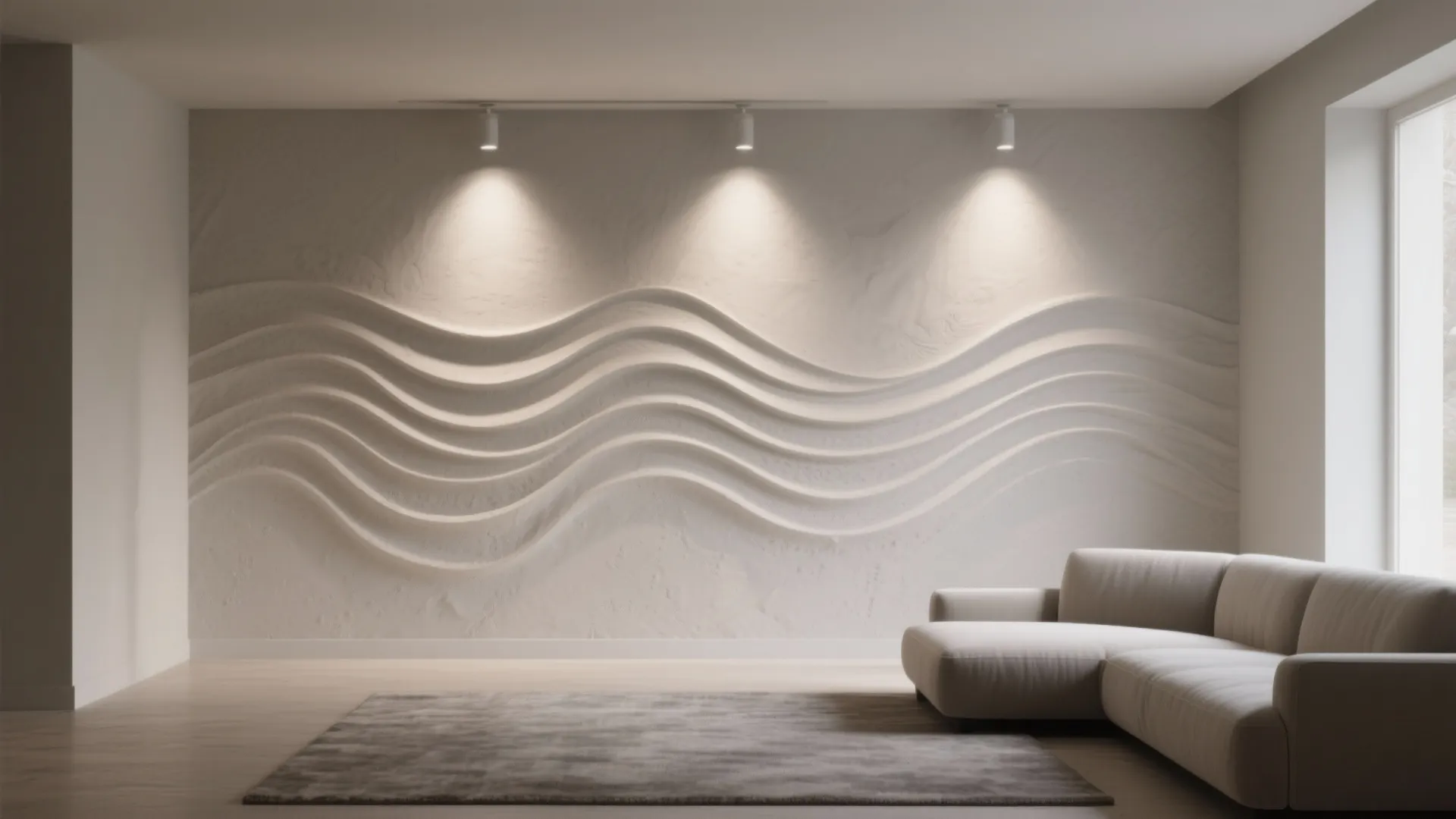 Modern living room featuring wavy textured wall with three light fixtures above a grey sofa
