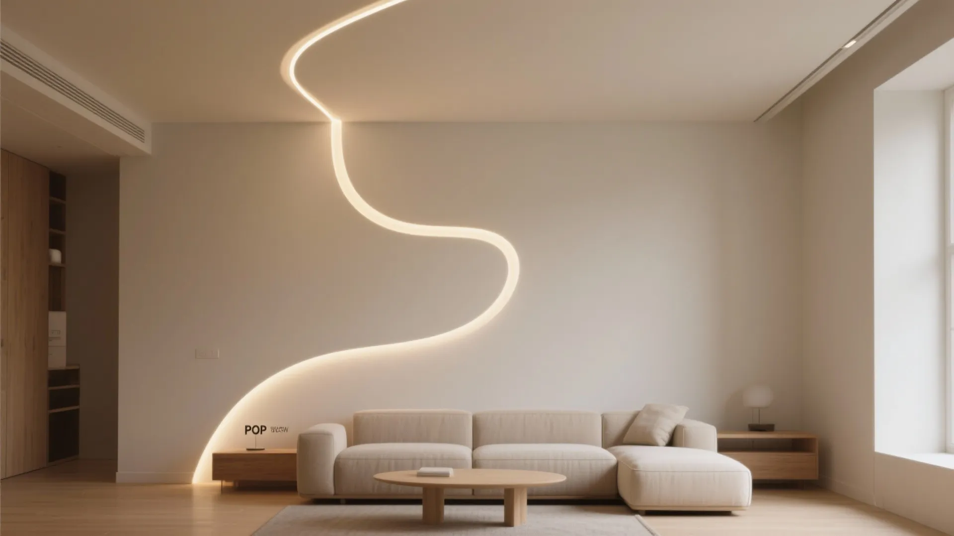 Living room with curvy ceiling light strip cream sofa wooden coffee table and white walls