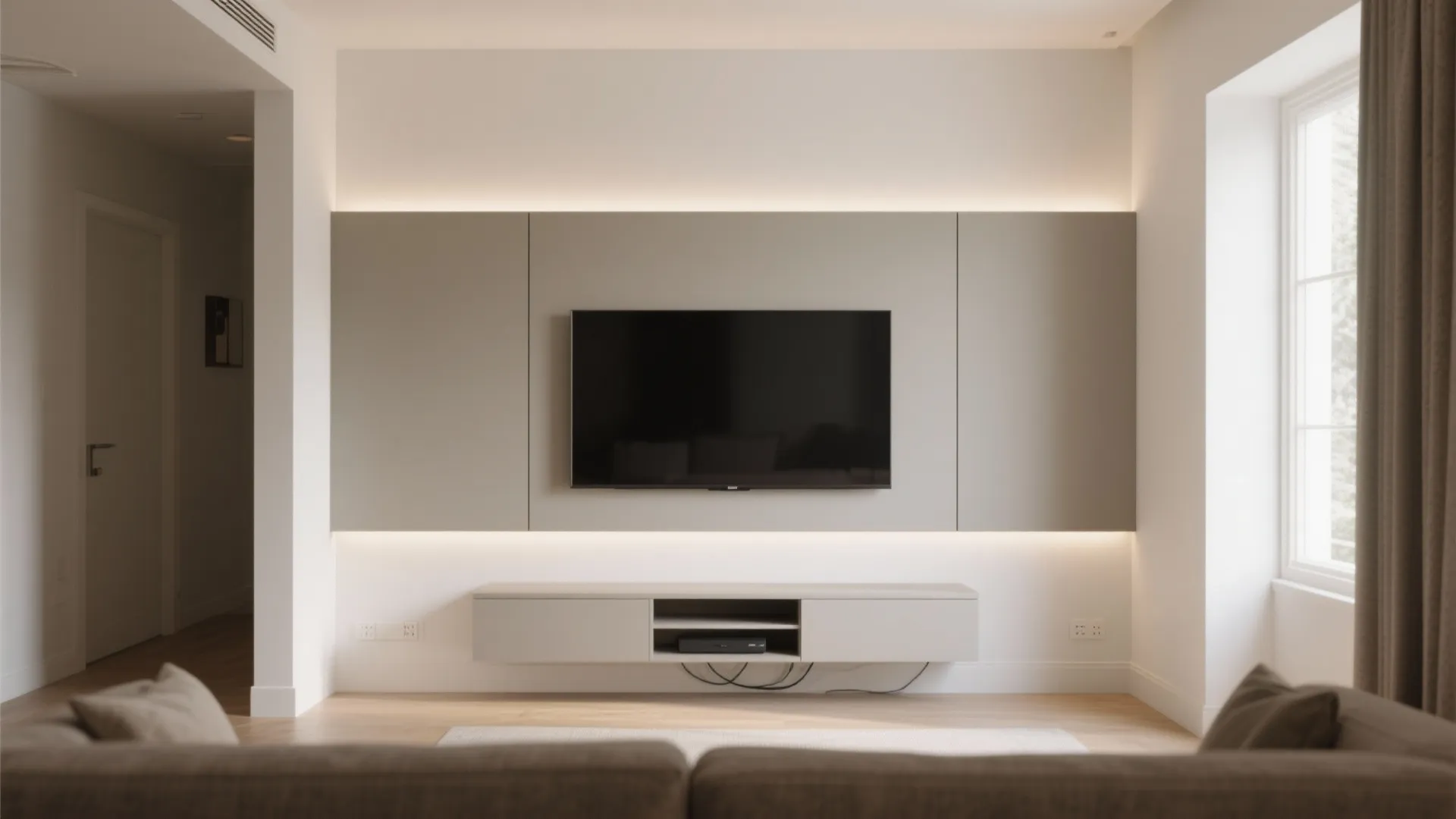 Minimal wall pop design for drawing room showing a POP TV wall with shadow gaps and two-tone warm white and greige.