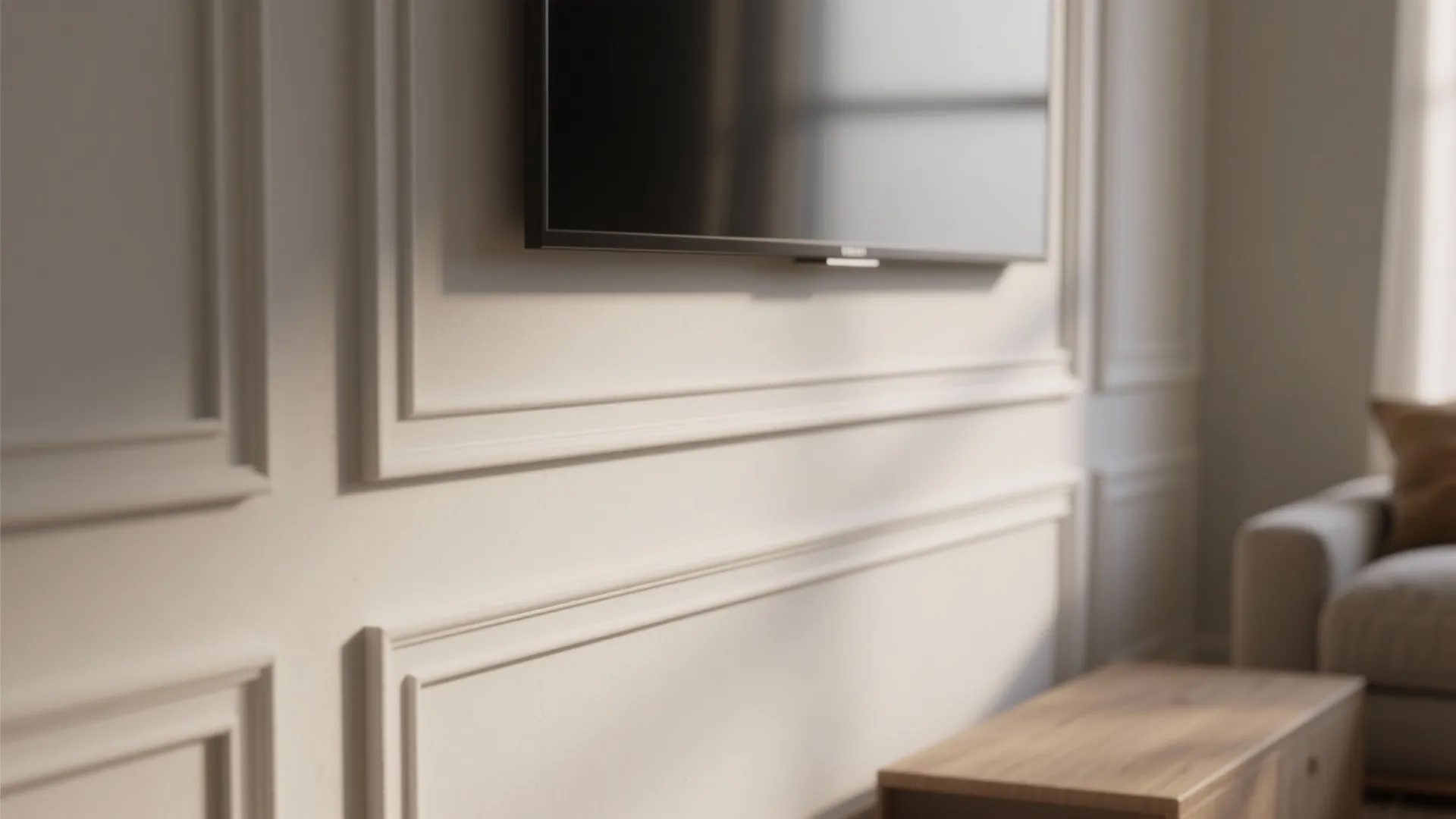 Close up view of white wall panel design with television and wooden cabinet in living room