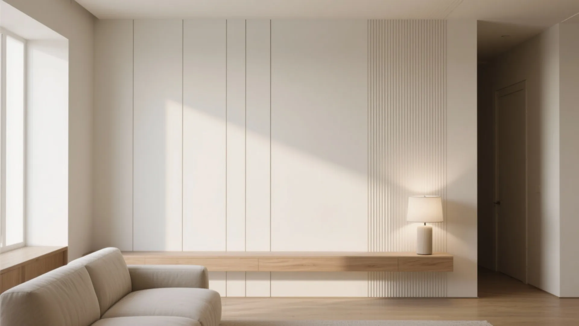 Minimalist living room with beige sofa wooden cabinet table lamp and clean white wall panels
