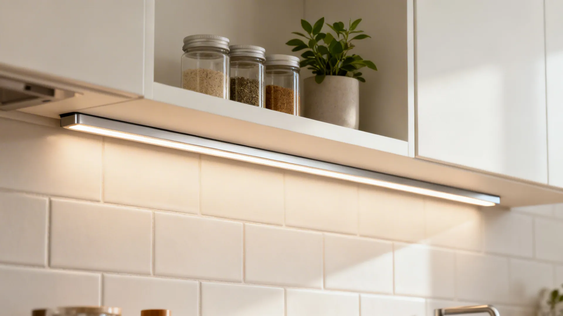 Close-up of a shallow POP shelf with aluminum nosing and integrated LED, storing spices and a small plant above a matte backsplash.