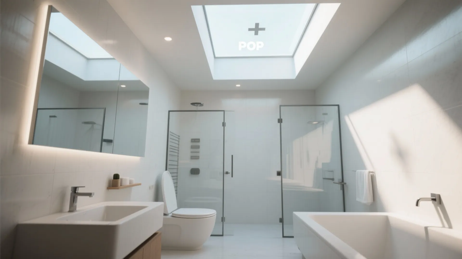 Modern white bathroom with large roof window over shower glass door toilet and white bathtub