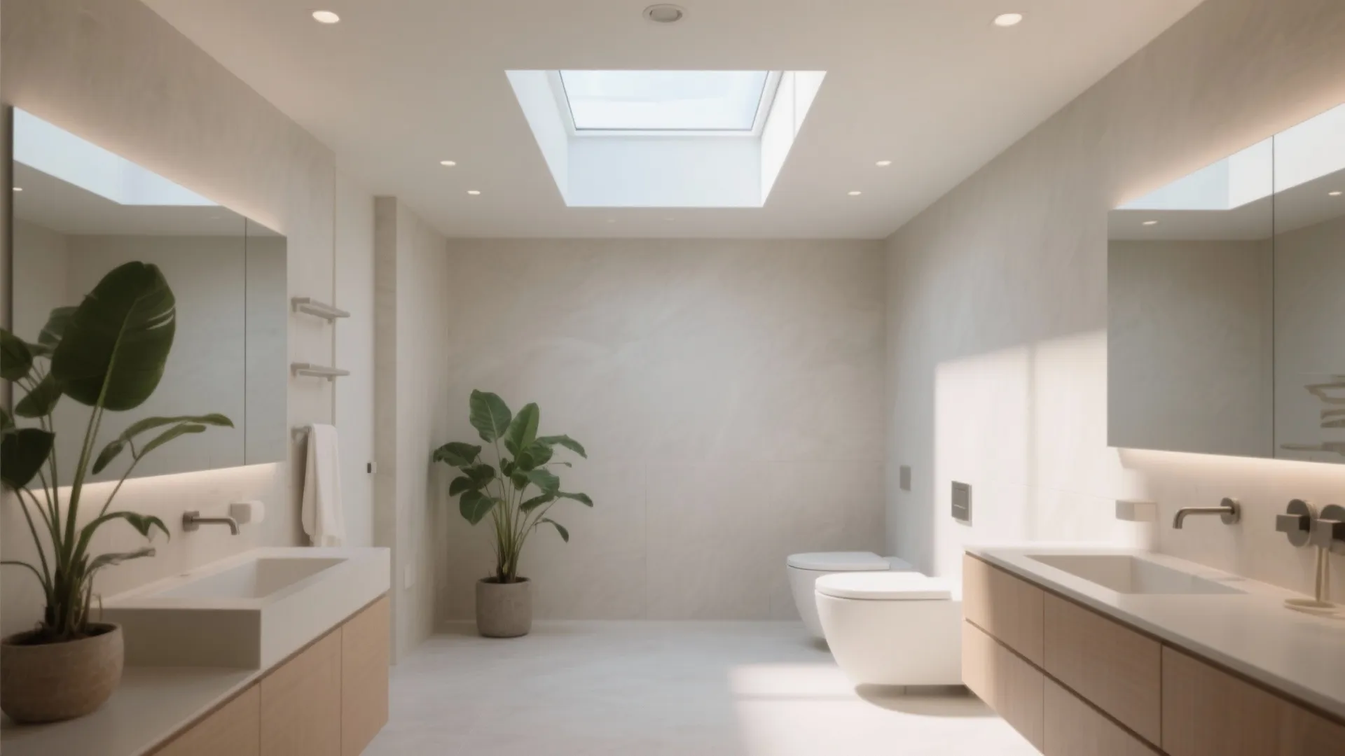 Minimalist bathroom with roof window, double sink vanity, potted plant, and white wall tile decoration