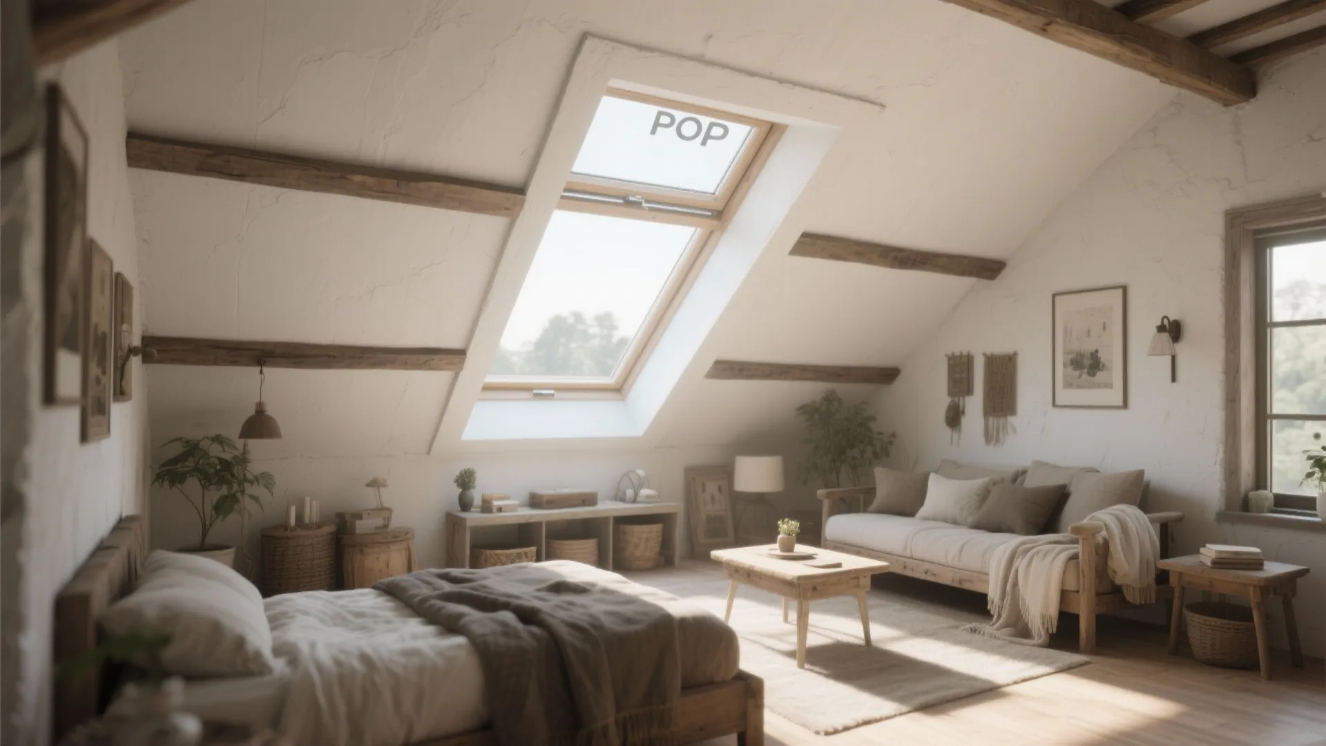 Rustic attic bedroom with large roof window wooden beams sofa bed and natural sunlight design