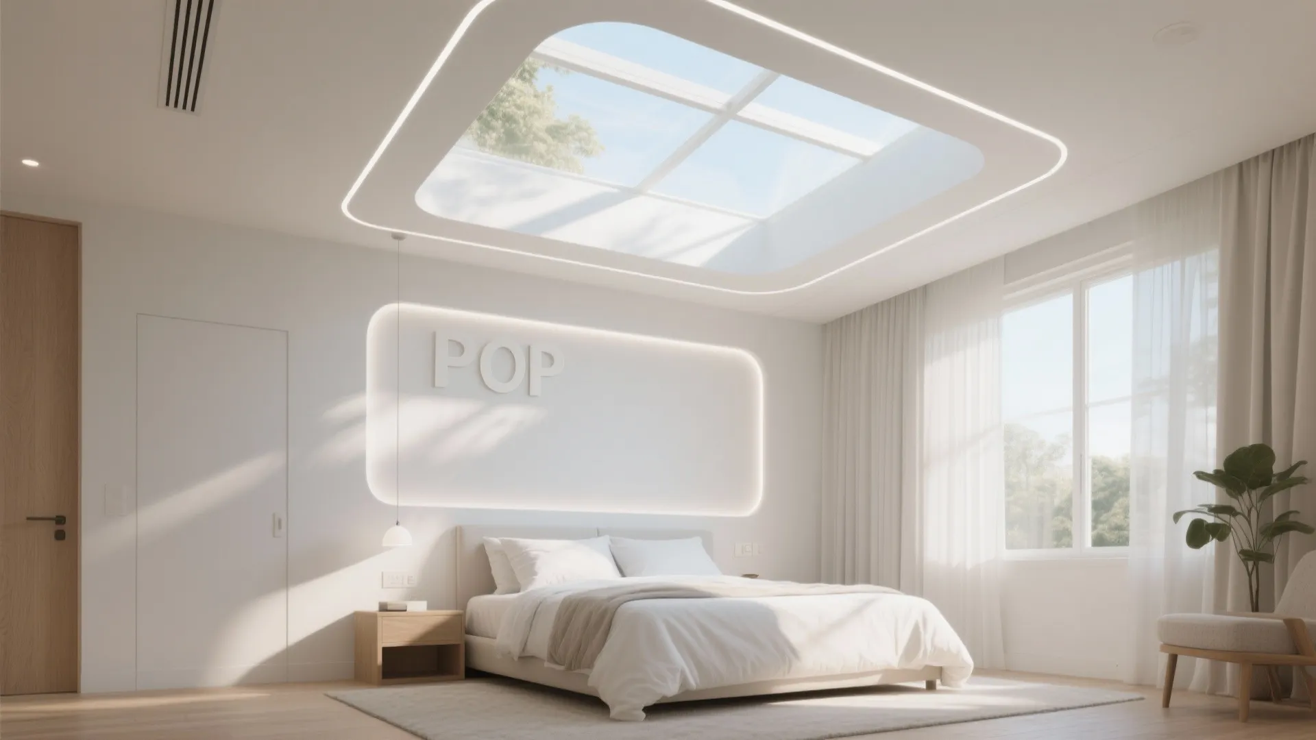 Bright modern bedroom with a large square roof window glowing wall panel and white furniture