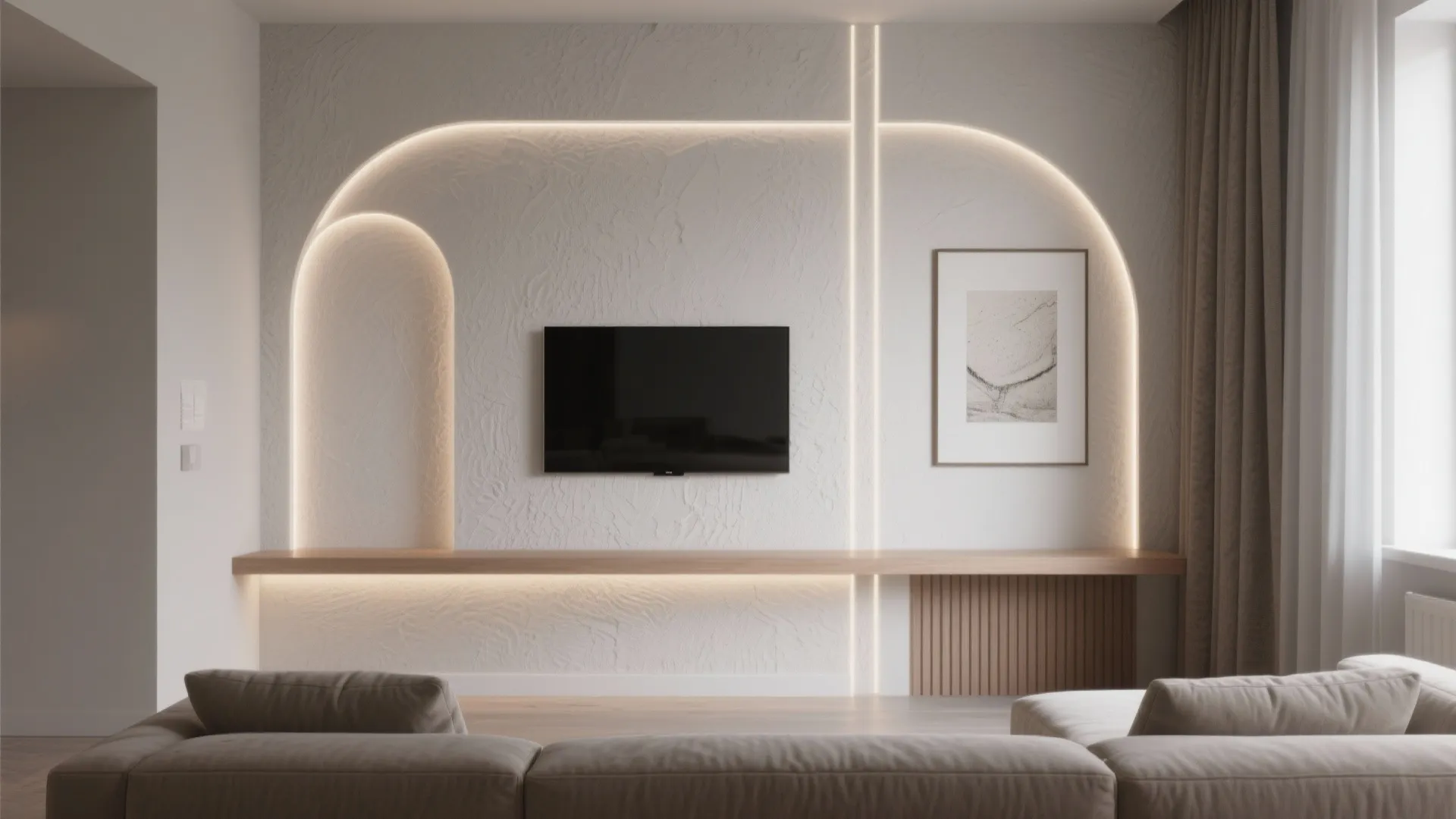 Tv wall with arched led light strips a mounted television and a long wooden shelf