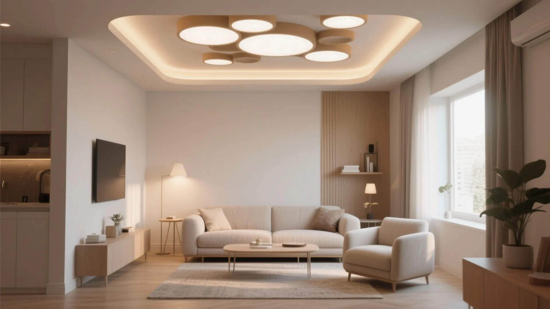 Modern living room with cream sofa armchair coffee table wooden wall panel and round lights