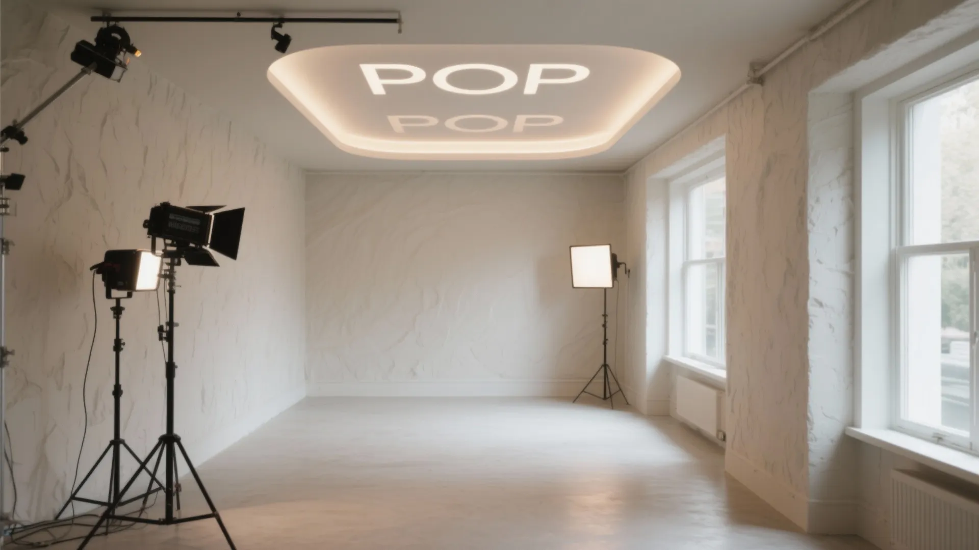 Empty studio with white textured walls and a bright ceiling light displaying the word pop