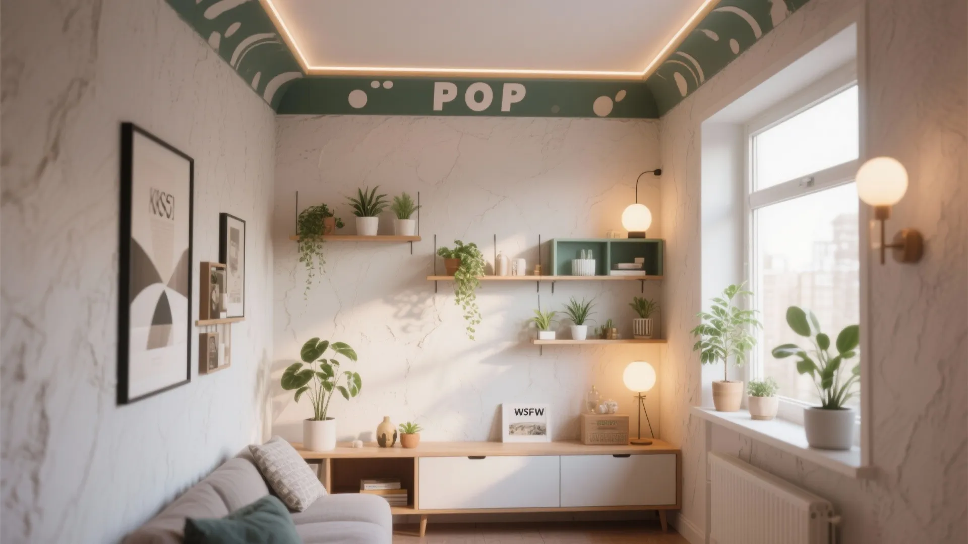 Cozy living room with wall shelves green plants wooden cabinet white wall light and sofa