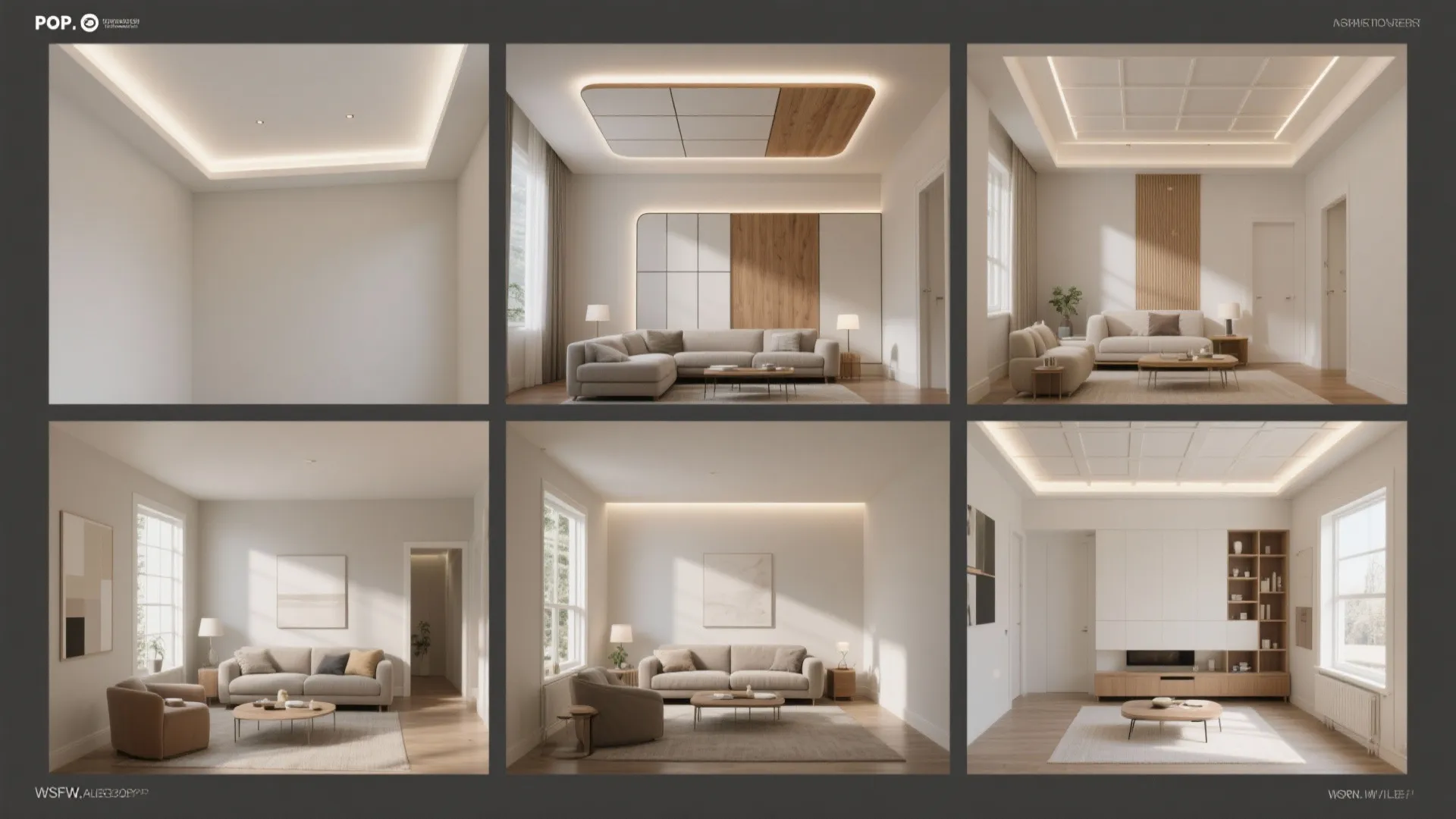 Collection of six different minimalist interior design drawings showing various living room layouts and lighting