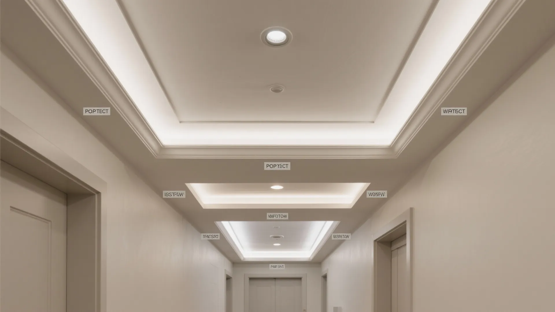 Modern white hallway with recessed ceiling light panels and simple wall panels in neutral tones