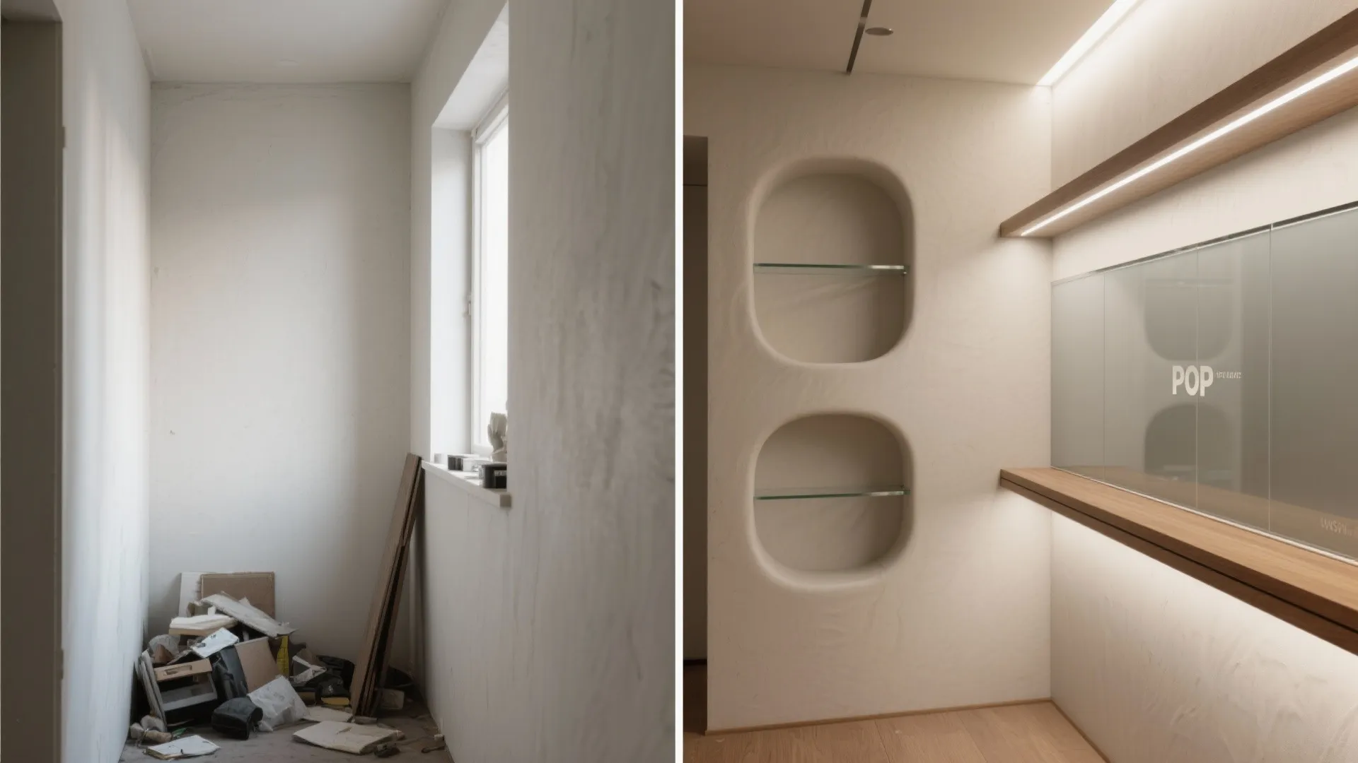 Before and after comparison of a messy construction room versus a finished clean modern space