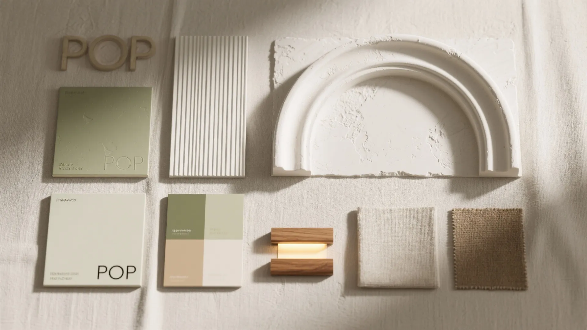 Interior design mood board showing color swatches fabric samples wall panel textures and wood light
