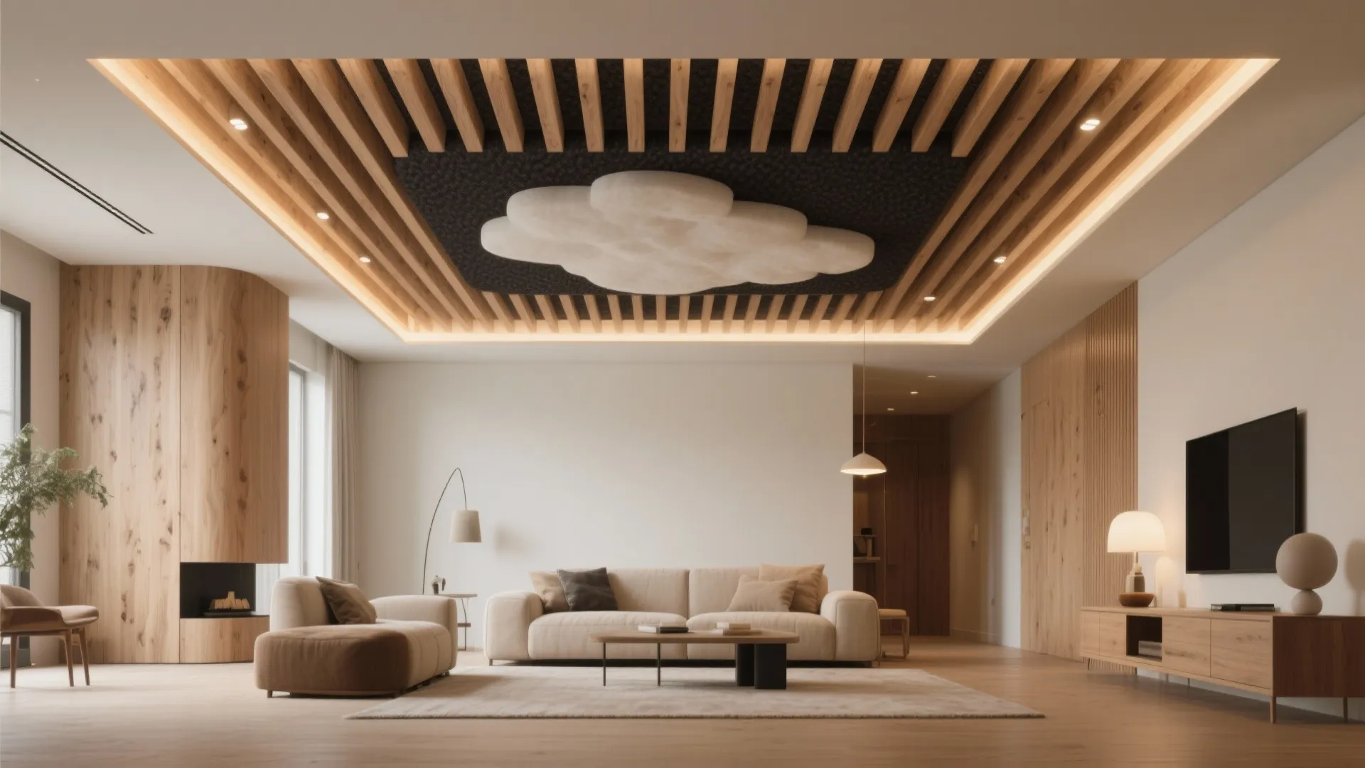 5) Warm Minimalism: POP + timber slats to soften acoustics