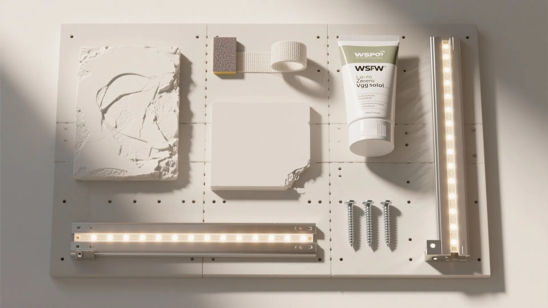 Flat lay of home renovation tools including light strips, screws, adhesive tube, and plaster samples