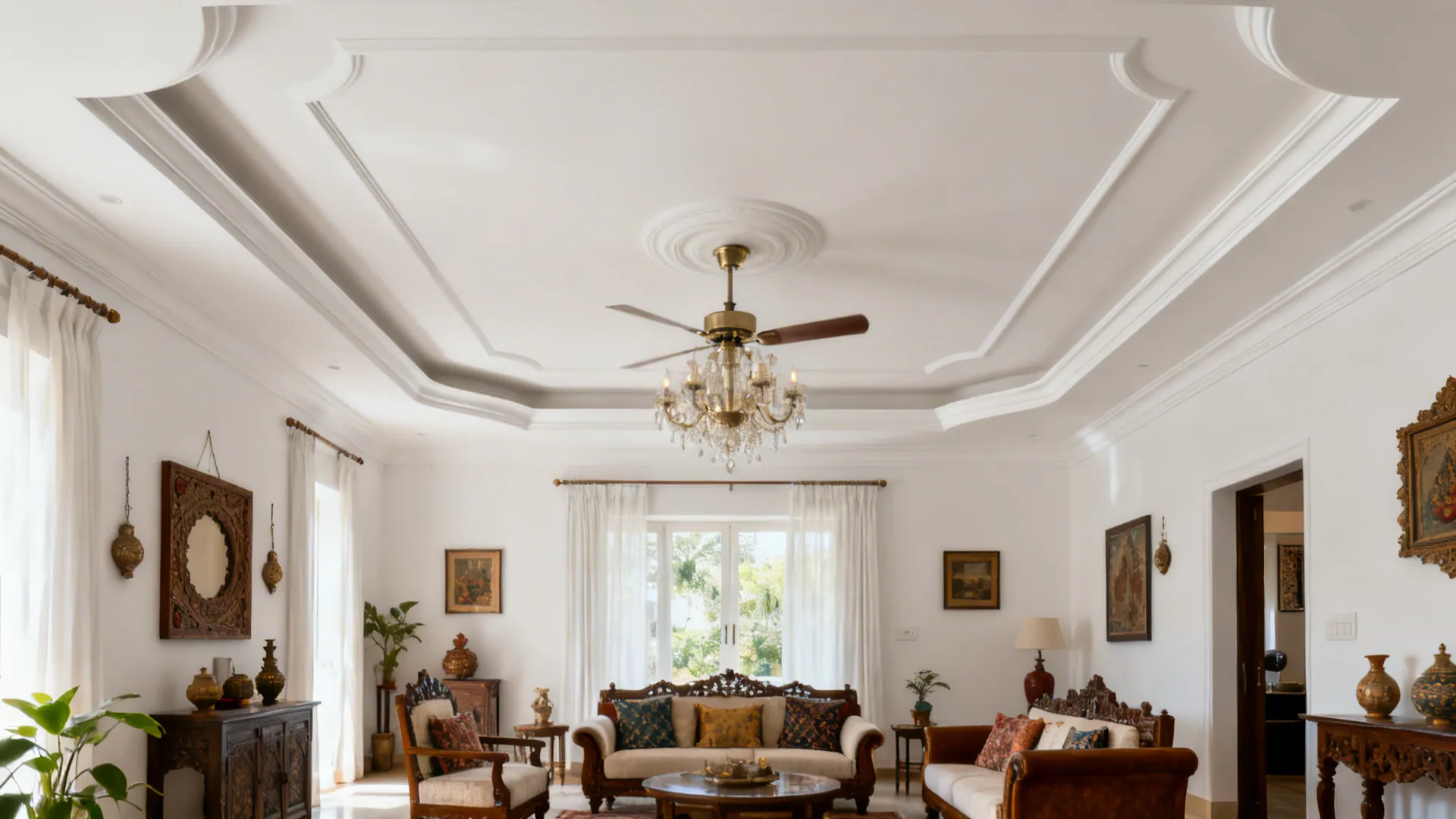 POP tray ceiling with a central feature unifying a traditional-modern Indian living room.