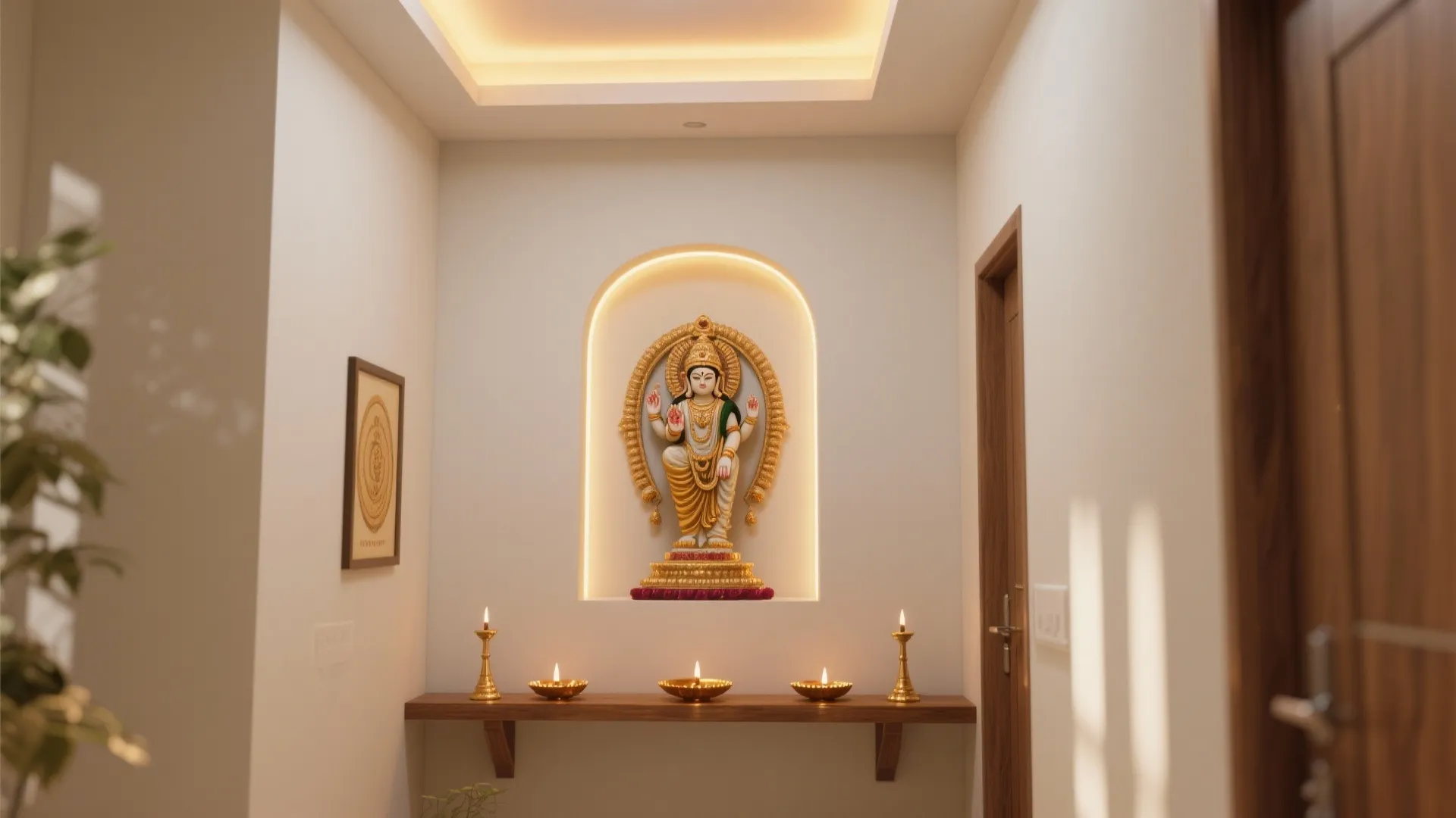Small prayer room with a gold statue in a lit wall niche and wooden shelf