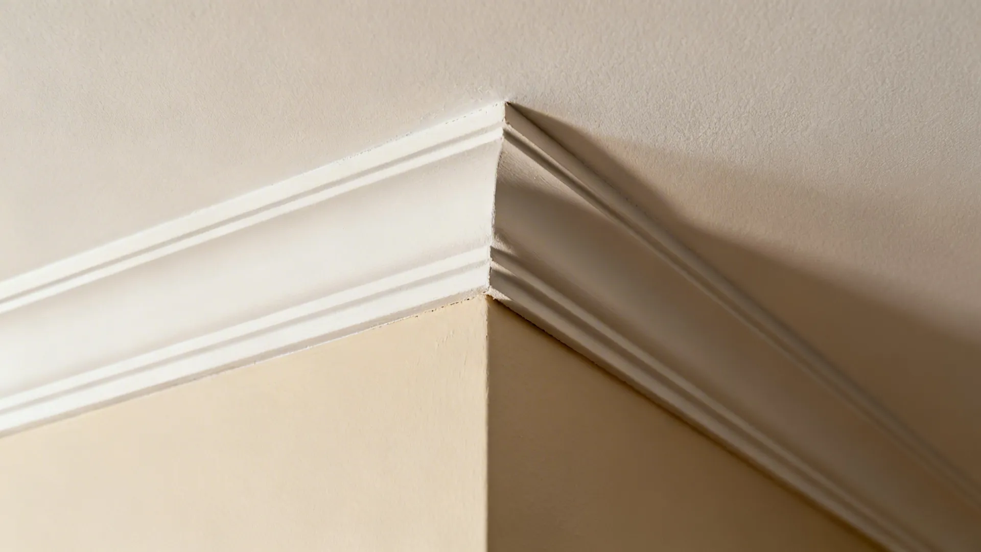 Macro detail of a POP tray ceiling corner with smooth curves and clean shadow gap.