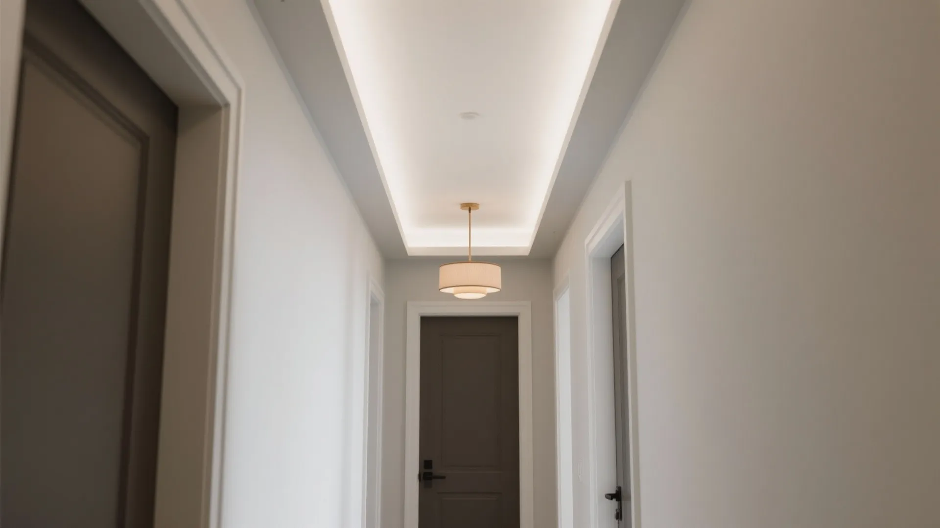 Modern white hallway with a hanging ceiling light hidden light strip and dark brown doors