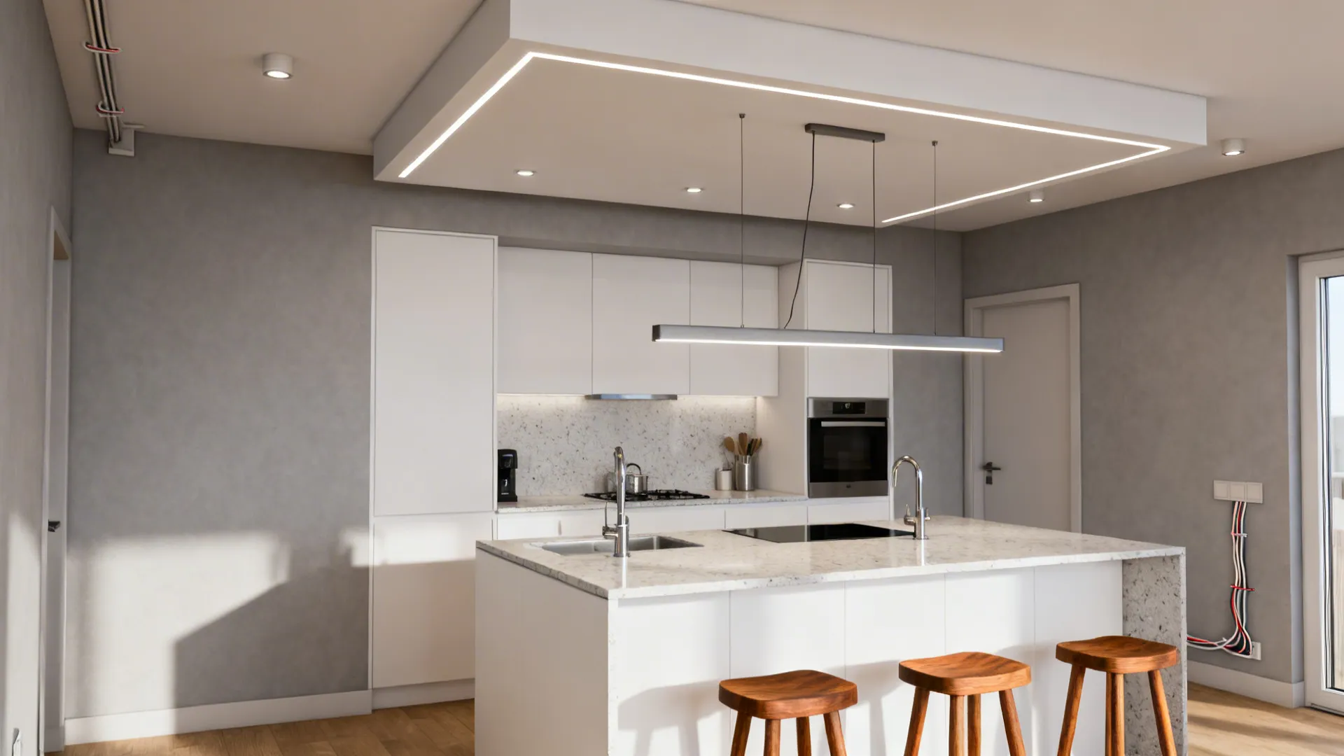 Compact kitchen with a slim rectangular POP tray ceiling zoning the prep area.