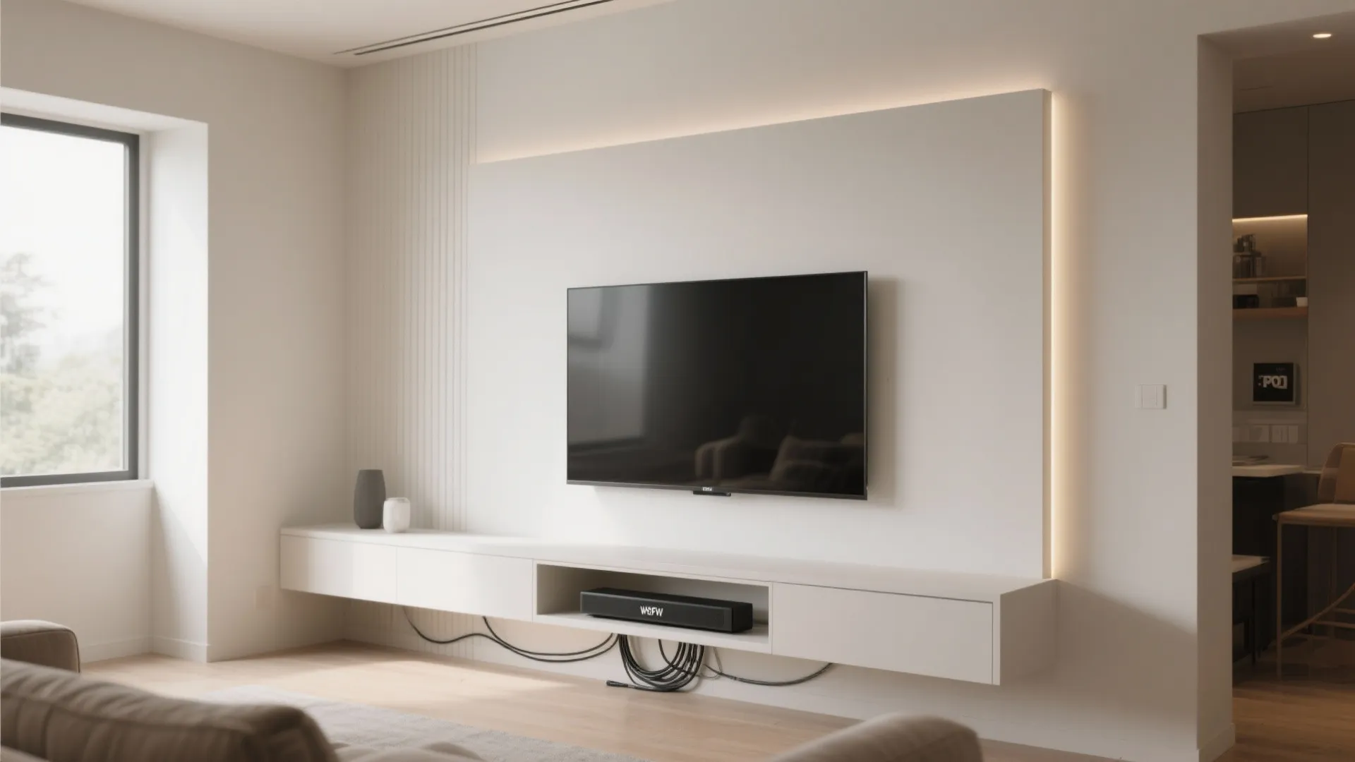 Modern living room with wall mounted television white cabinet hidden light strip and large bright window